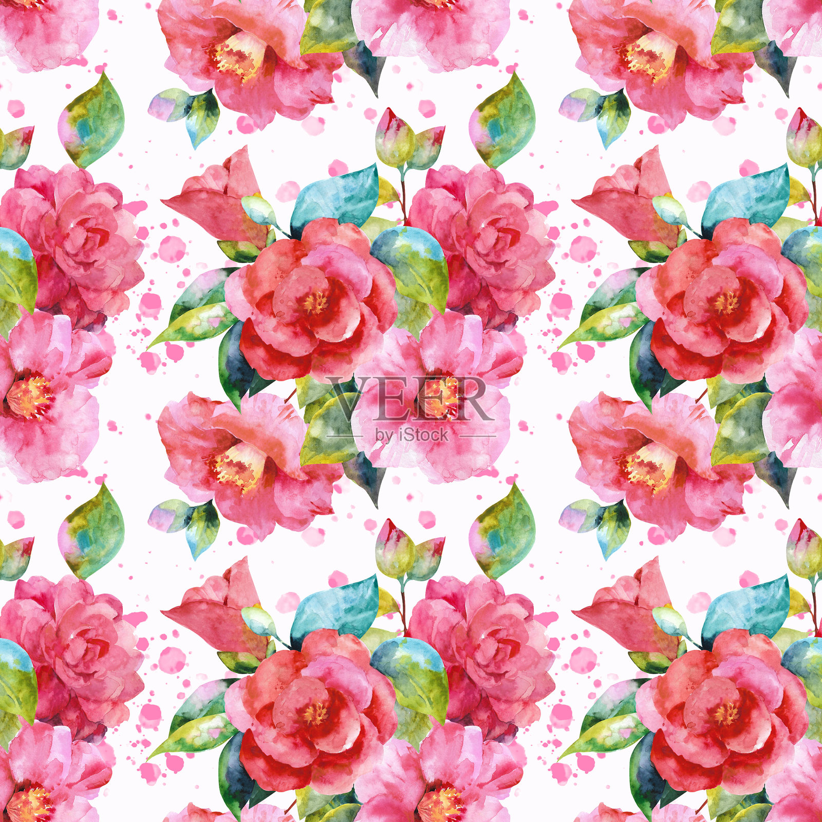 粉色山茶花与叶子、花蕾、飞溅和笔触的手绘水彩无缝图案插画图片素材