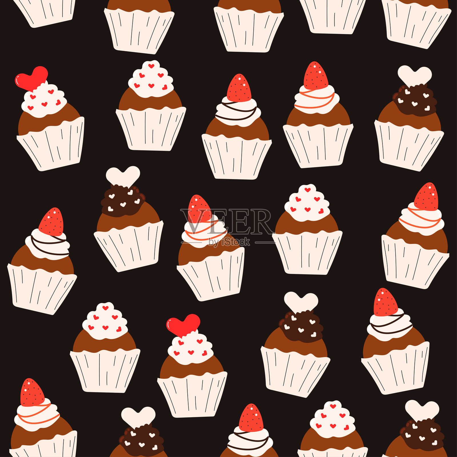 不同杯形蛋糕的无缝图案。插画图片素材