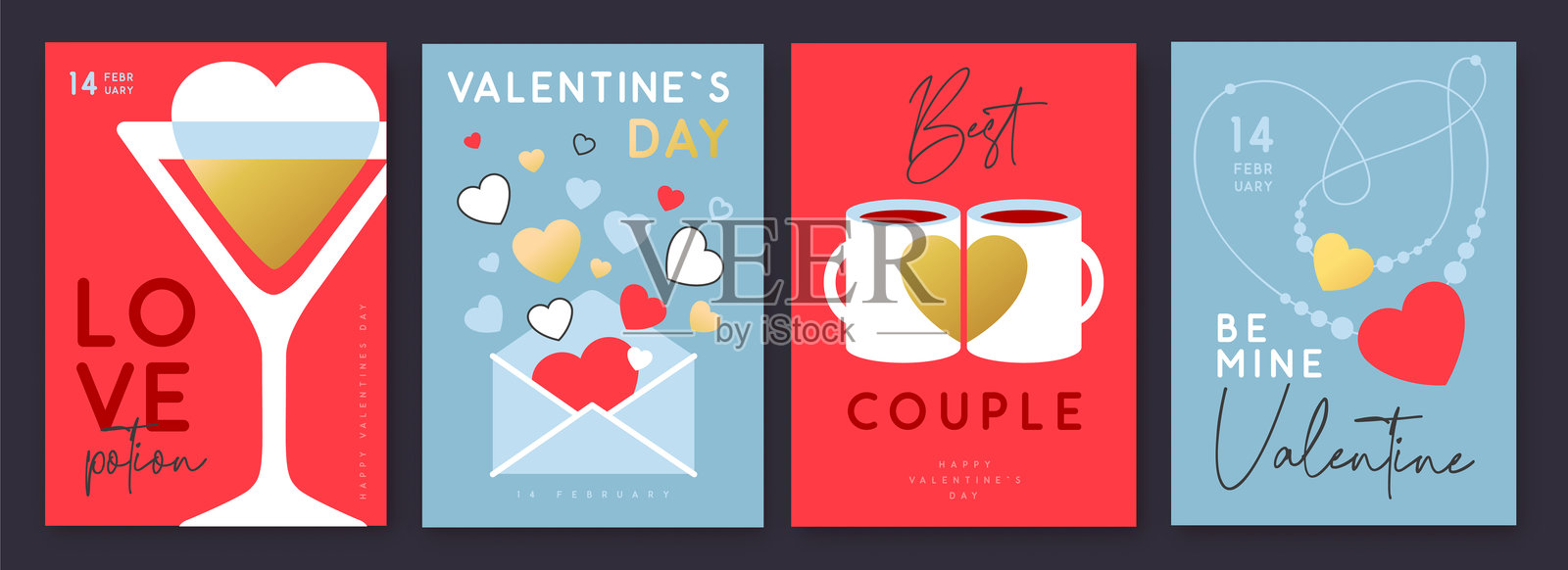 现代风格的情人节贺卡、封面或海报套装,带有爱心图案。情人节背景。扁平设计。矢量插图。插画图片素材