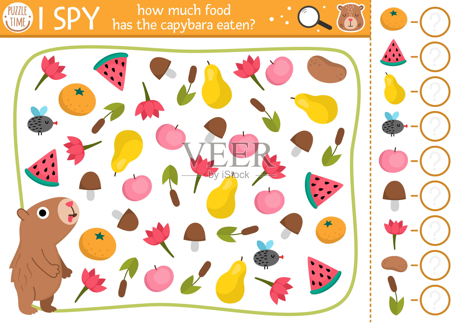 小水豚的找物游戏,适合儿童。寻找和计数活动,包含可爱的动物和它吃过的食物。适合学龄前儿童的可打印工作表。简单的找物拼图。插画图片素材