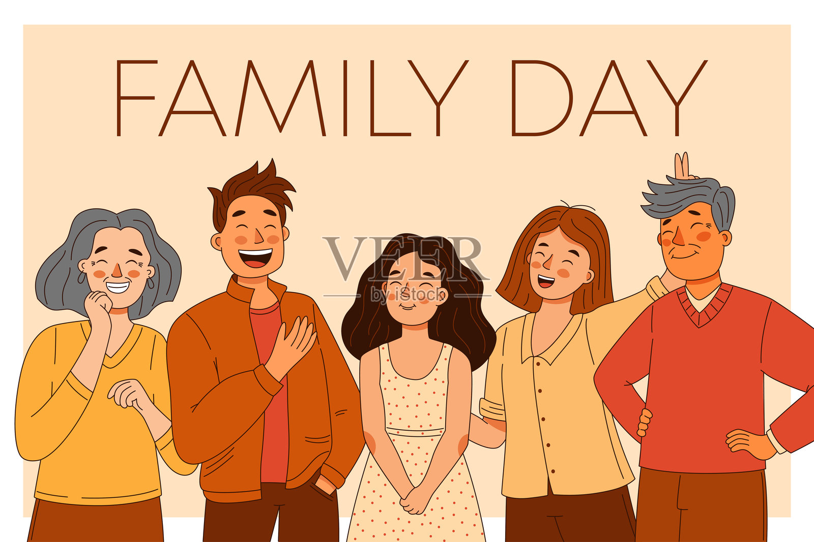 快乐的家庭,父亲和母亲,奶奶与爷爷,还有女儿,国际家庭日贺卡插画图片素材