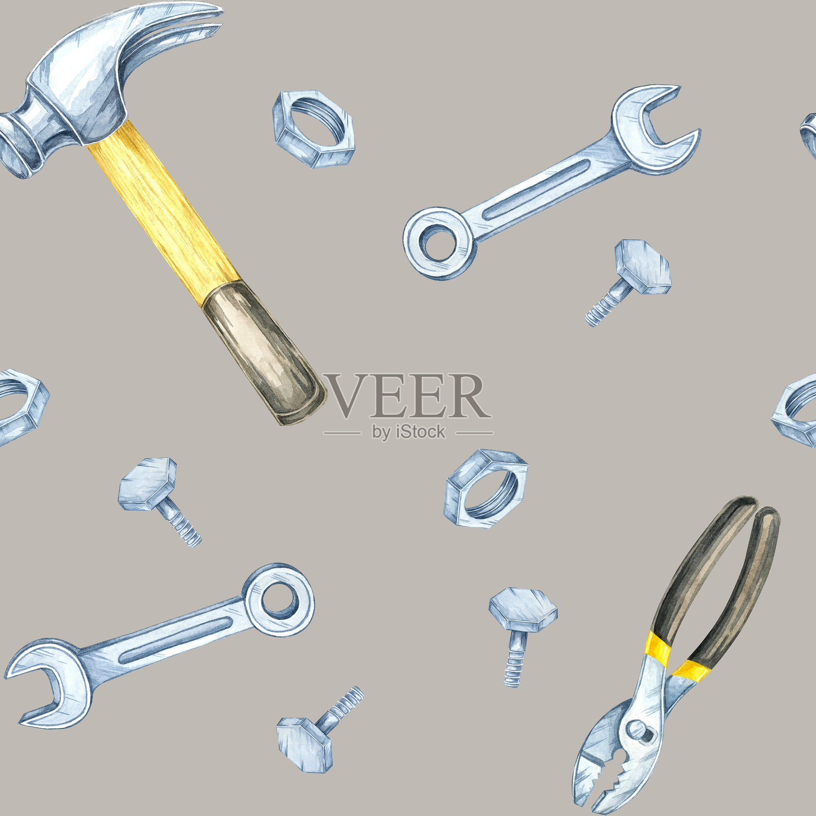 米色背景上有黄色手柄的锤子、银色扳手和螺栓,采用水彩风格。这种无缝图案非常适合产品包装。插画图片素材