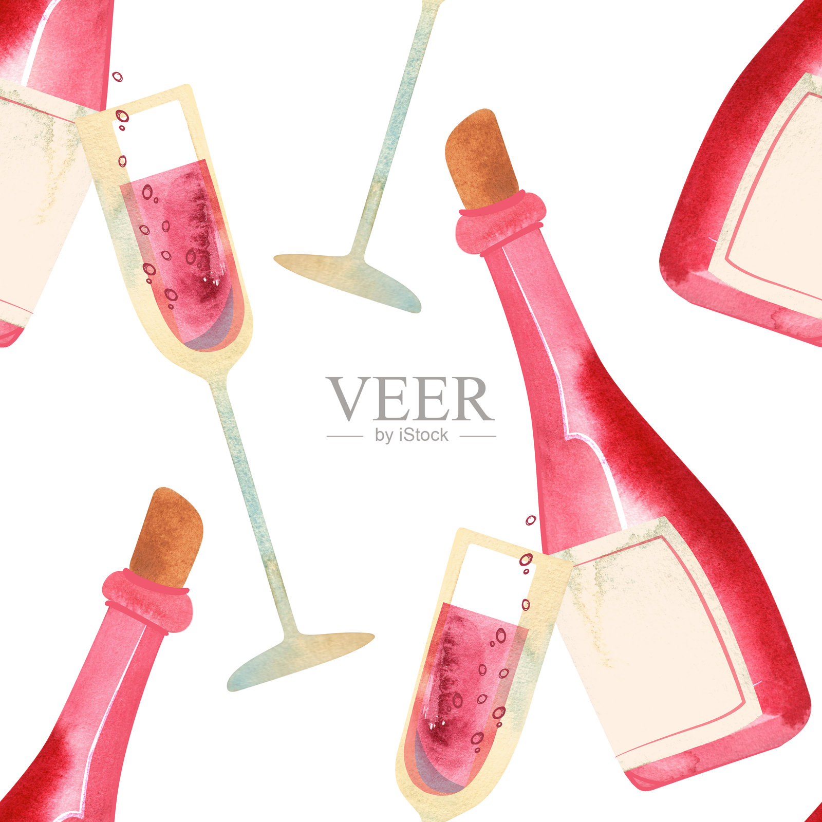 粉色迷人的酒,飞翔的瓶子和带气泡的粉色香槟杯。零年代浪漫喜剧的美学。适用于单身派对或情人节的水彩无缝图案,适合包装纸或纺织品。插画图片素材