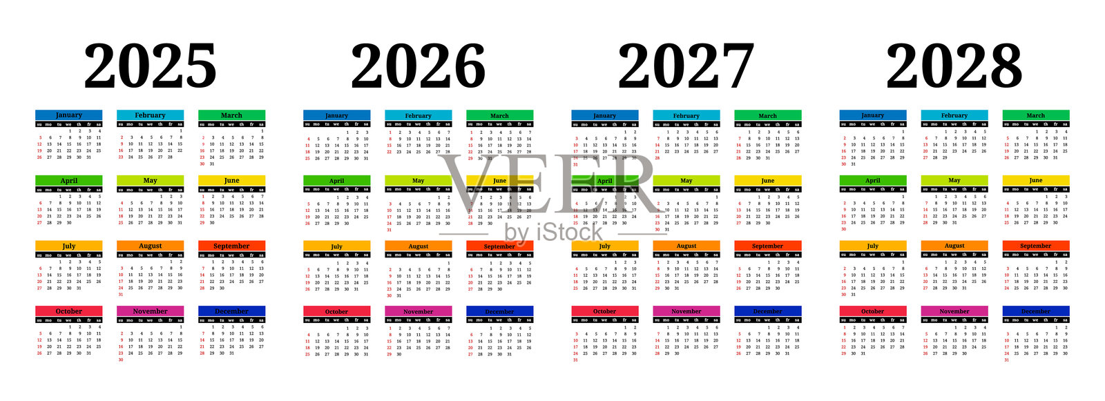 2025年、2026年、2027年和2028年的日历组合,背景为白色插画图片素材