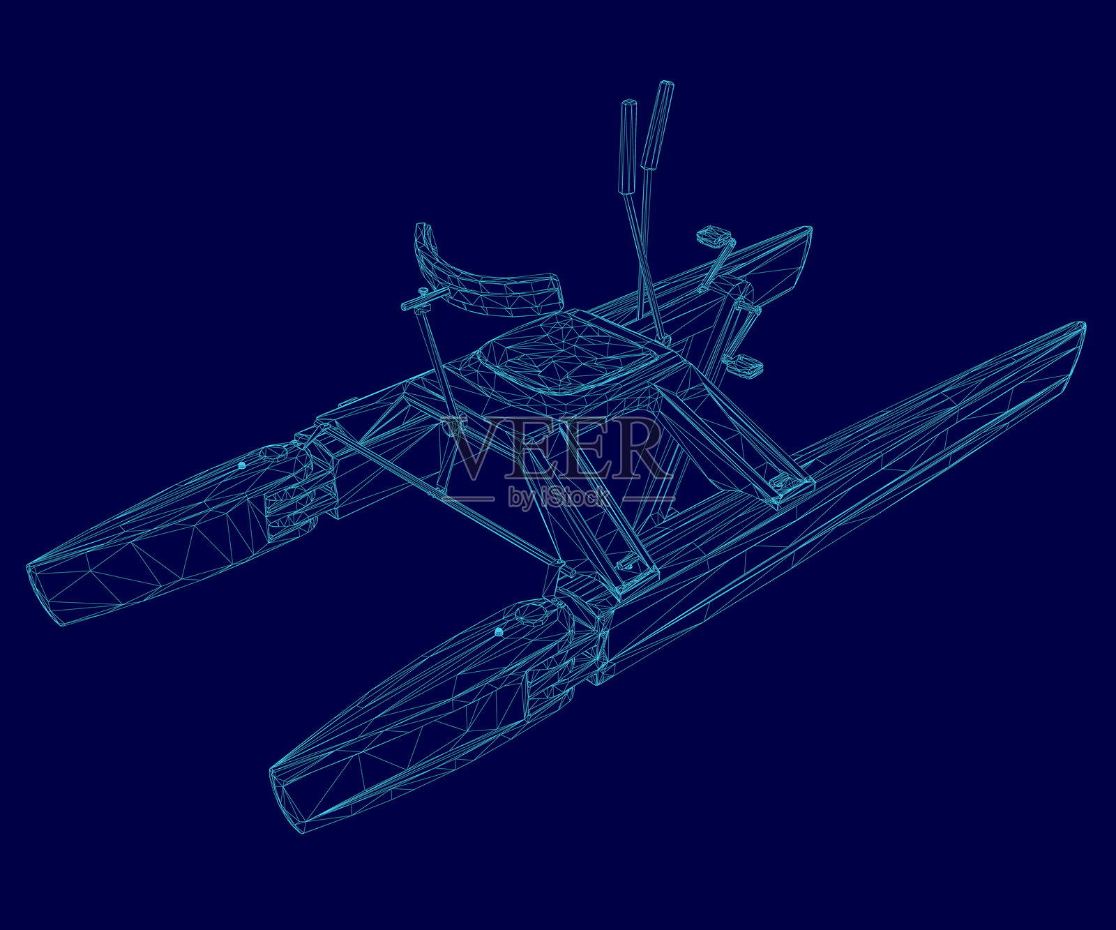 蓝色画作,描绘了一艘小型单引擎飞机,驾驶舱内坐着一个人。插画图片素材