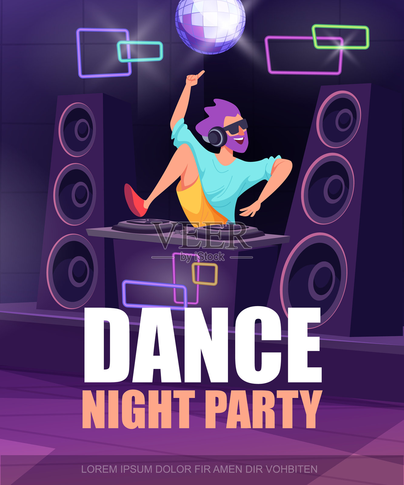 音乐DJ。舞会夜晚派对邀请海报,带有文本位置。矢量模板插画图片素材