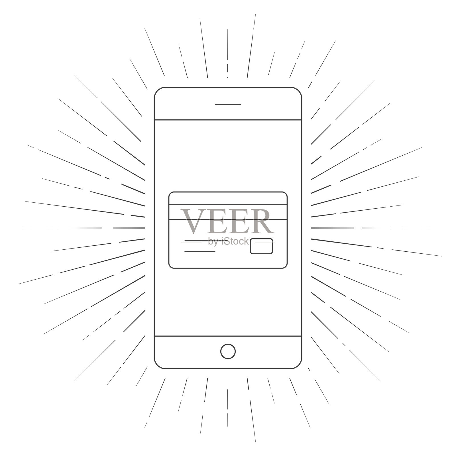 带有信用卡的智能手机。白色背景上的线条图标和光芒四射的效果。插画图片素材