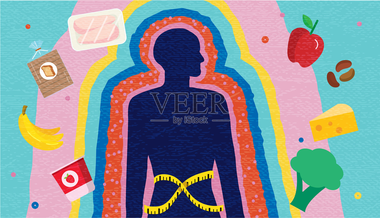 减肥与健康饮食习惯的抽象概念,带有人体轮廓和健康新鲜食物插画图片素材