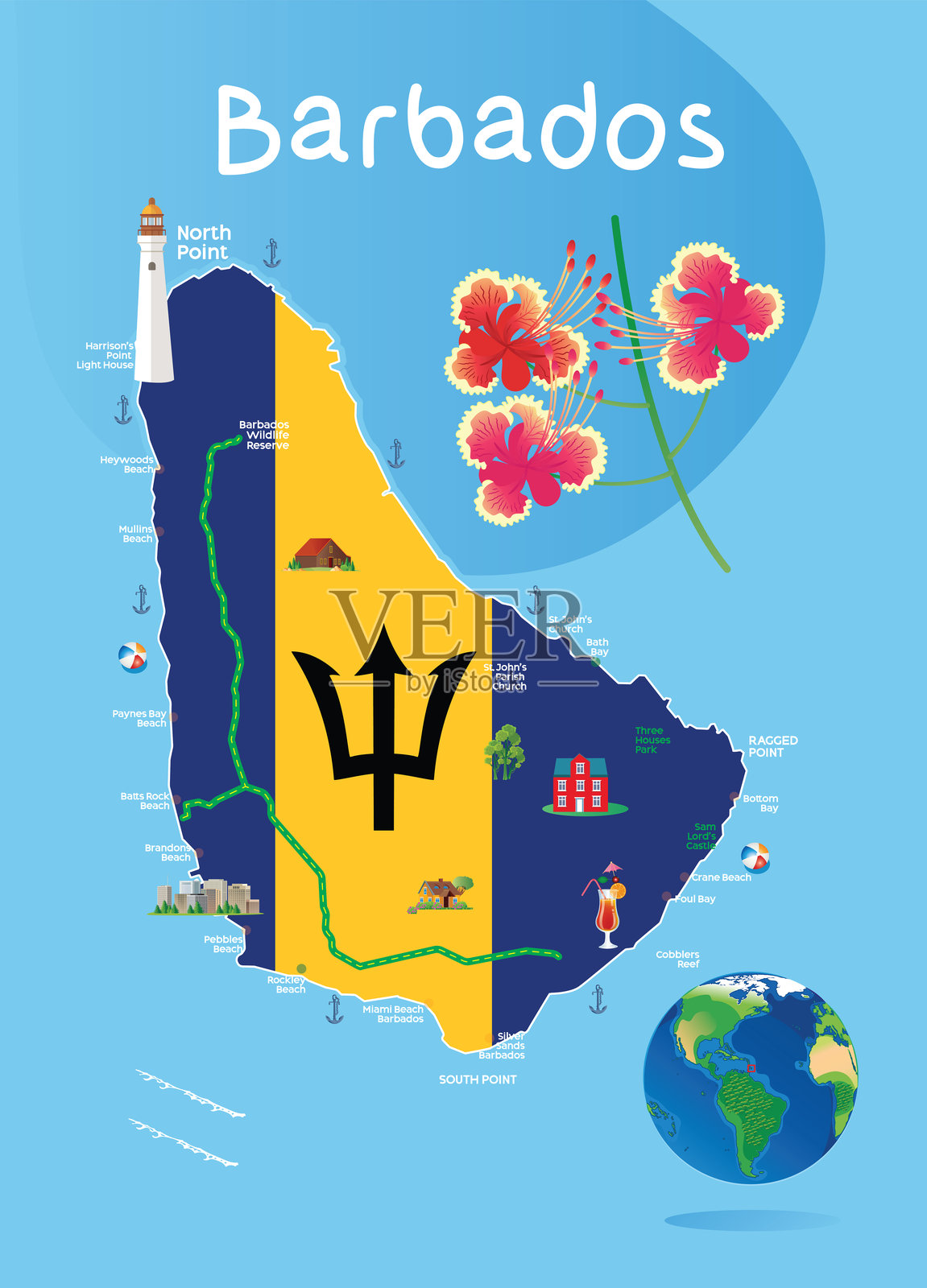 巴巴多斯地图和国旗插画图片素材