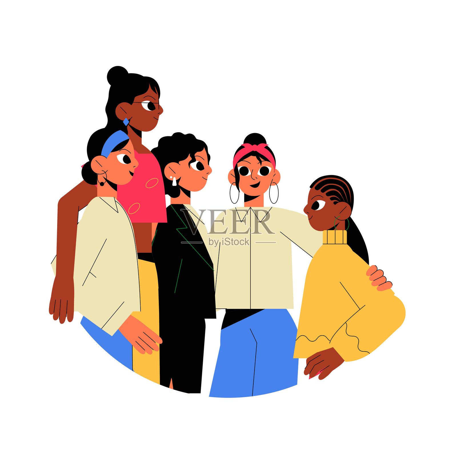 一群女性相拥而笑的扁平矢量插图,象征着友谊、团结和赋权,背景为白色。插画图片素材