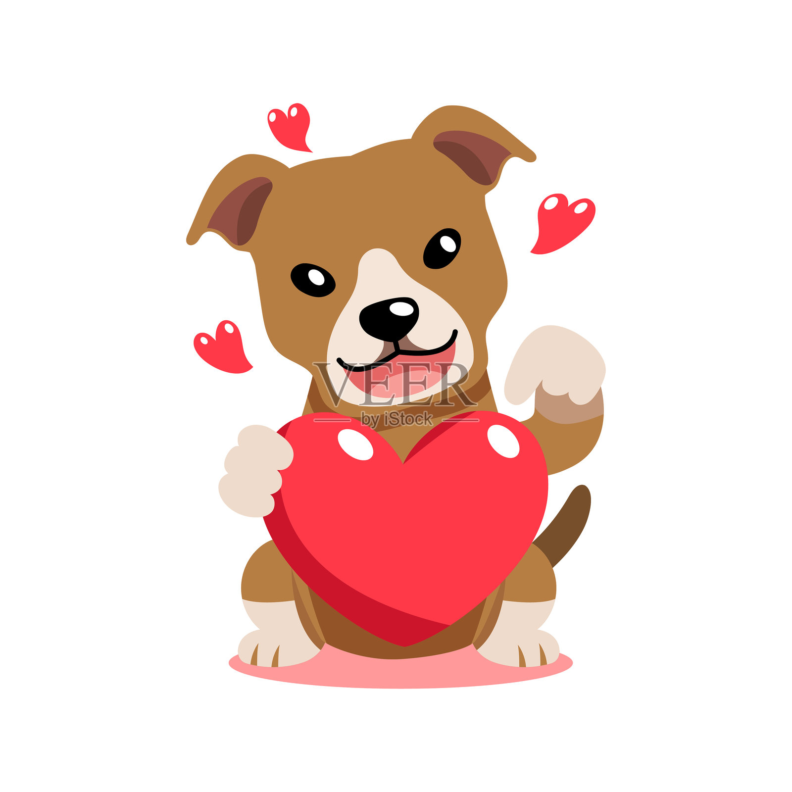 可爱的卡通情人节斗牛犬抱着一个大红心插画图片素材