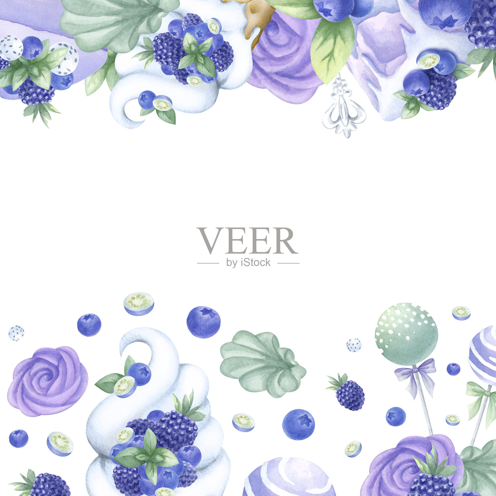 紫色和绿色的冰淇淋、蛋糕、蓝莓、黑莓、蛋糕棒和棉花糖。手绘水彩孤立插图。带有留白的方形框架模板,适用于糕点设计。插画图片素材