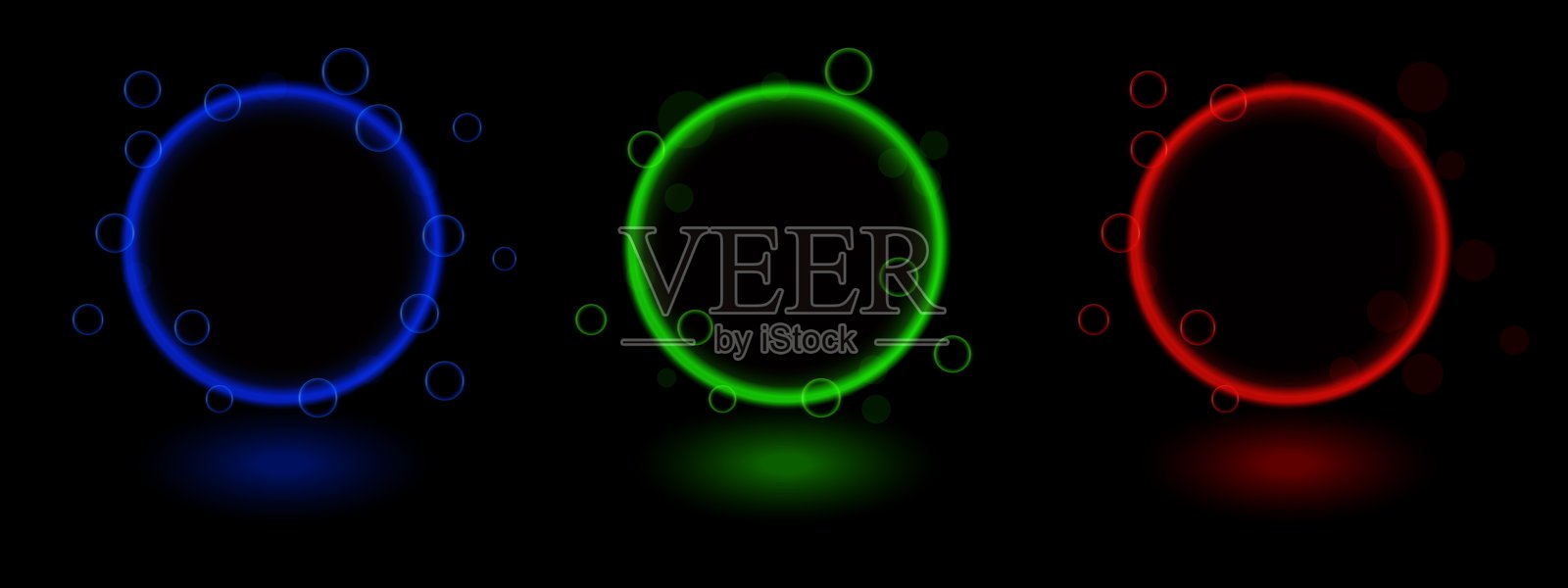 霓虹圆圈图标。发光的蓝色、绿色和红色环,未来派设计,抽象能量,光泡,发光光环,鲜艳的光泽,科幻界面,多彩光效插画图片素材