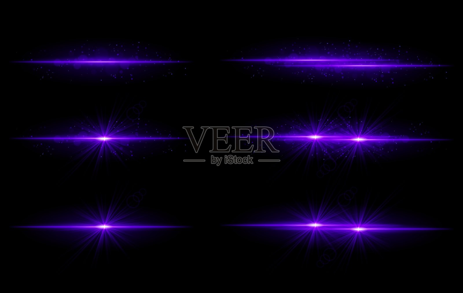 紫色光效套装。耀眼的光线条纹,闪烁的粒子,明亮的星光爆发,温暖的照明,抽象的灯光设计,装饰性的能量光束,生动的现代视觉效果插画图片素材