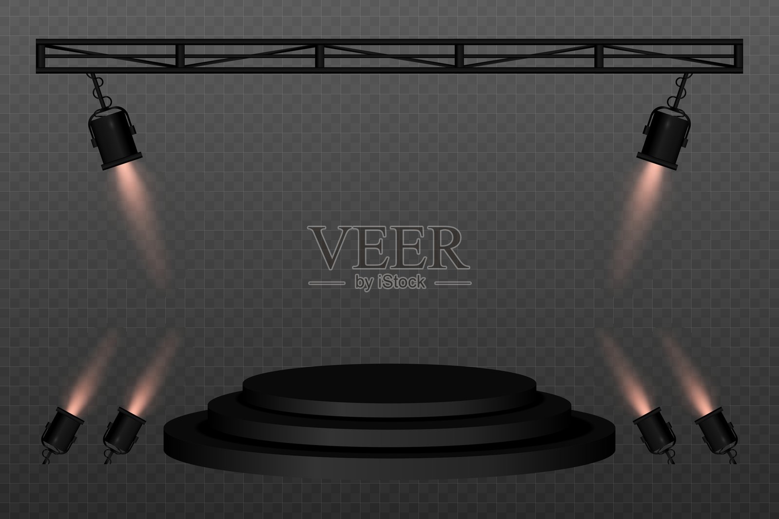 舞台灯光。黑色舞台平台上方和侧面有聚光灯照射。非常适合音乐会、表演、活动和演出。用专业的照明设备突出中心舞台。插画图片素材