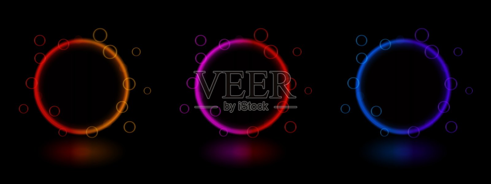 霓虹圆圈图标 发光的红色、橙色、粉色和蓝色环形,带有抽象光泡、未来感能量效果、鲜艳的光环、数字设计、科幻装饰、光辉、色彩斑斓的壁纸插画图片素材