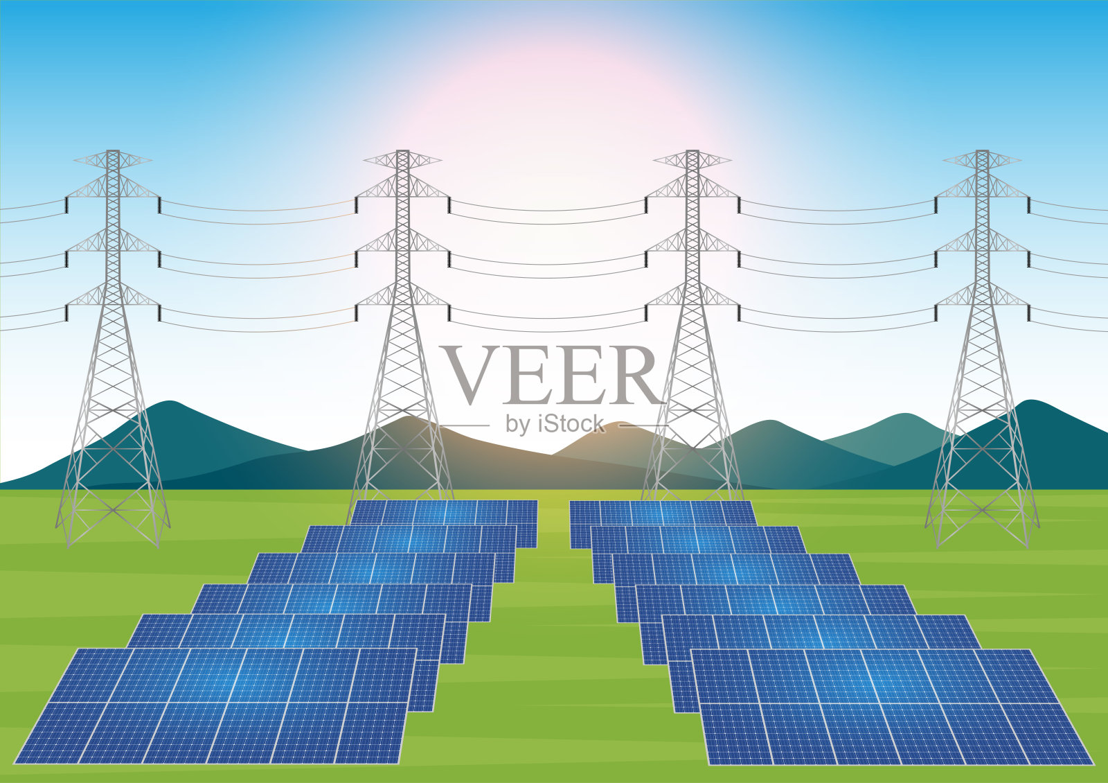 太阳能发电厂。带有电塔和电力线的太阳能发电站。可再生能源。清洁和绿色能源。插画图片素材