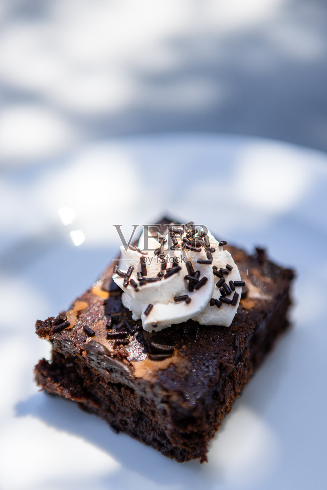 阳光下的巧克力蛋糕配鲜奶油照片摄影图片