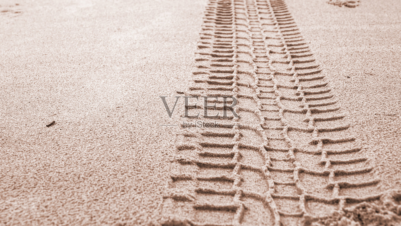 大型车辆在沙滩上留下的详细轮胎痕迹的特写。年度颜色:摩卡慕斯。照片摄影图片