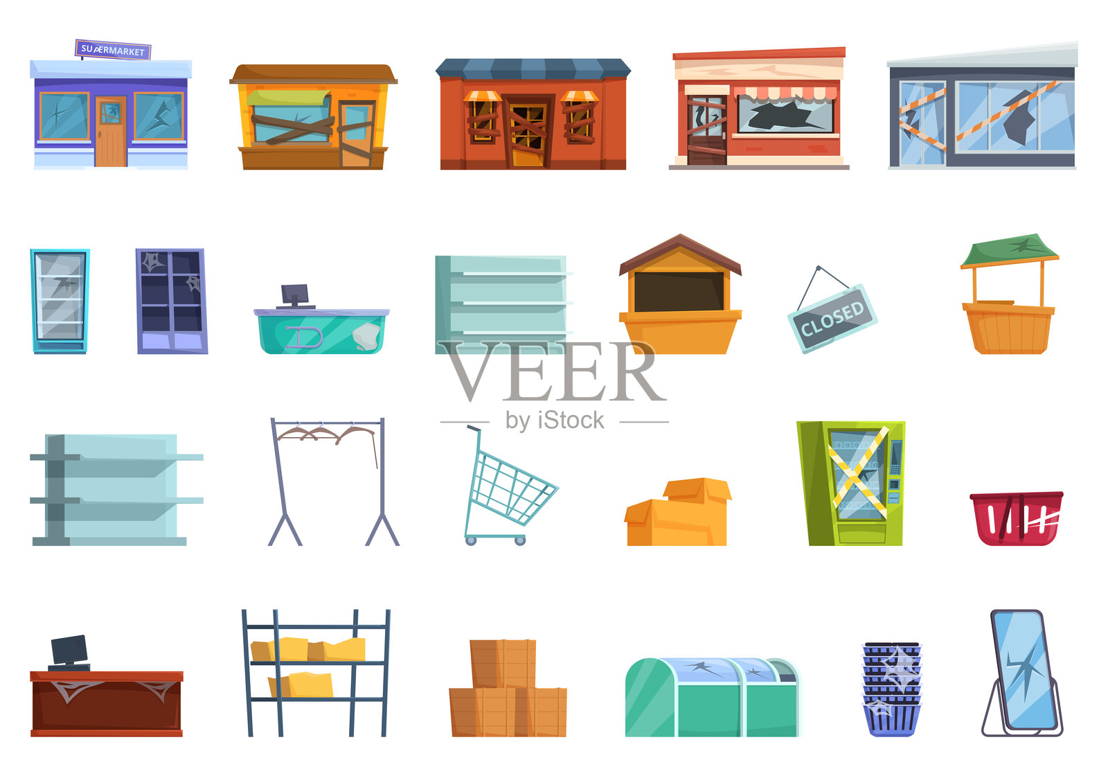 废弃商店图标集卡通矢量。破旧的街市插画图片素材