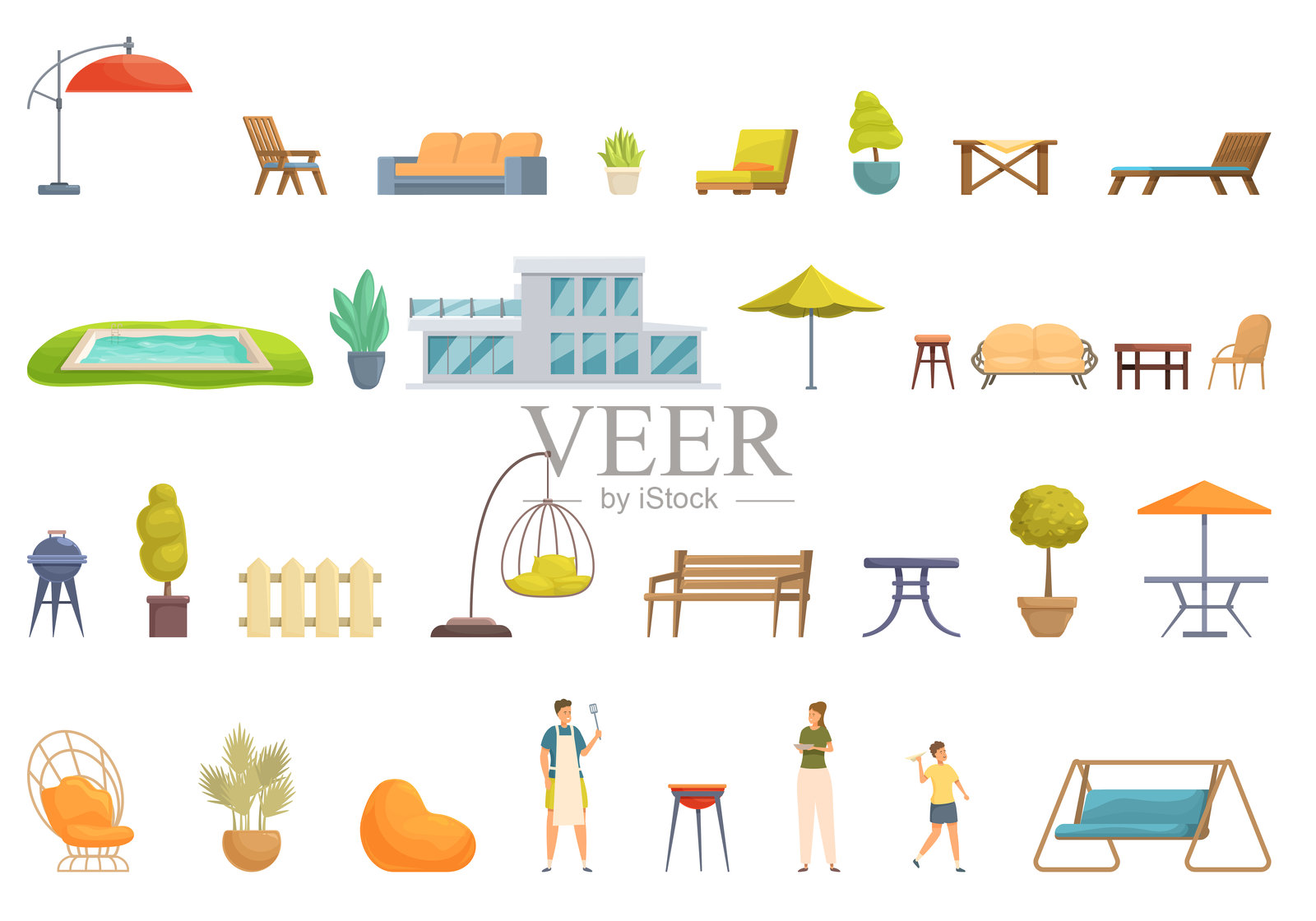 带露台的房屋图标集卡通矢量图。木质露台房屋插画图片素材