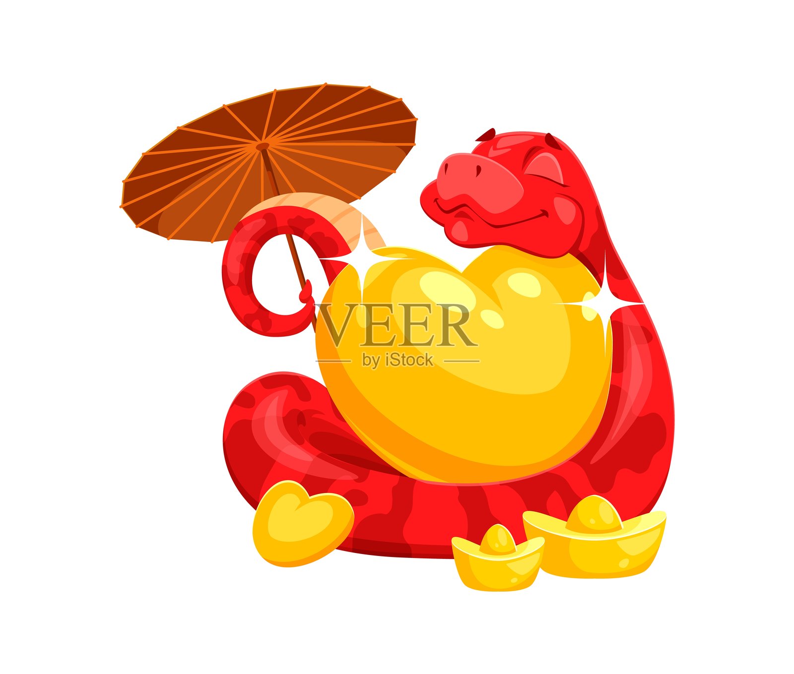 搞笑的红色卡通蛇角色手握金色心形物品插画图片素材