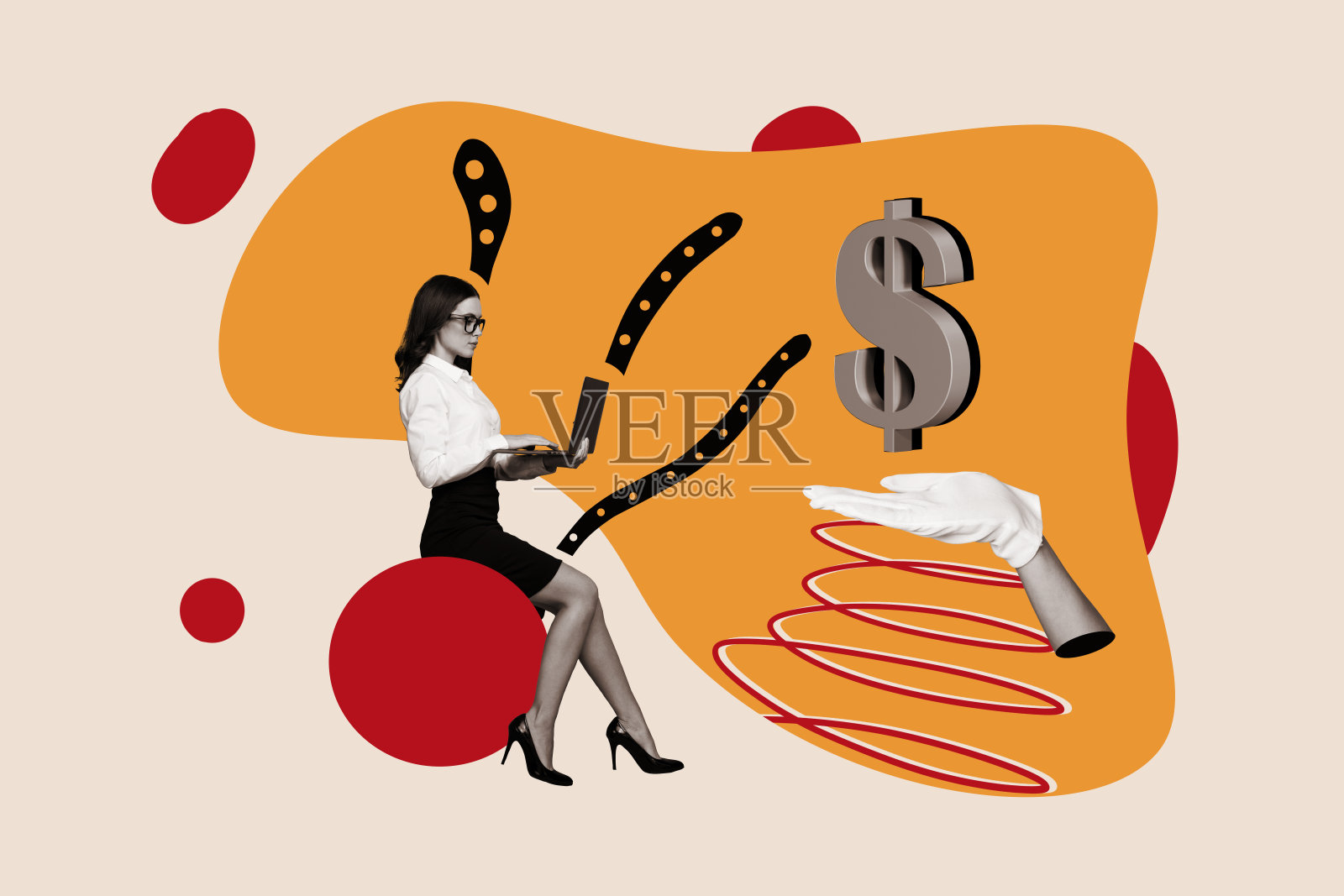 创意拼贴画插图,黑白滤镜,严肃的美丽年轻女性坐着,涂鸦素描,抽象白色背景照片摄影图片