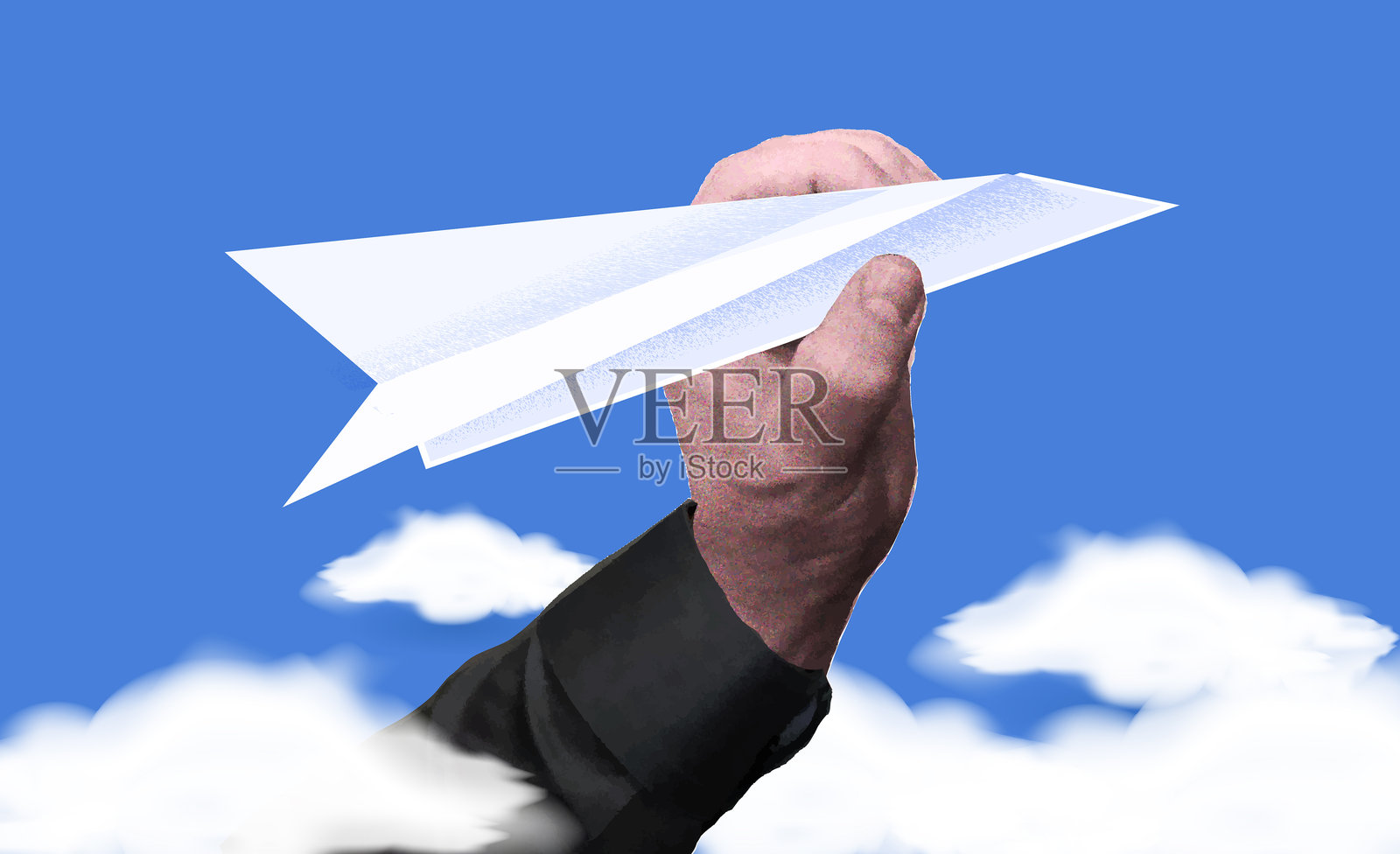 拼贴风格,展翅高飞,探索金融和商业销售新视野,手握纸飞机在云端之上。插画图片素材