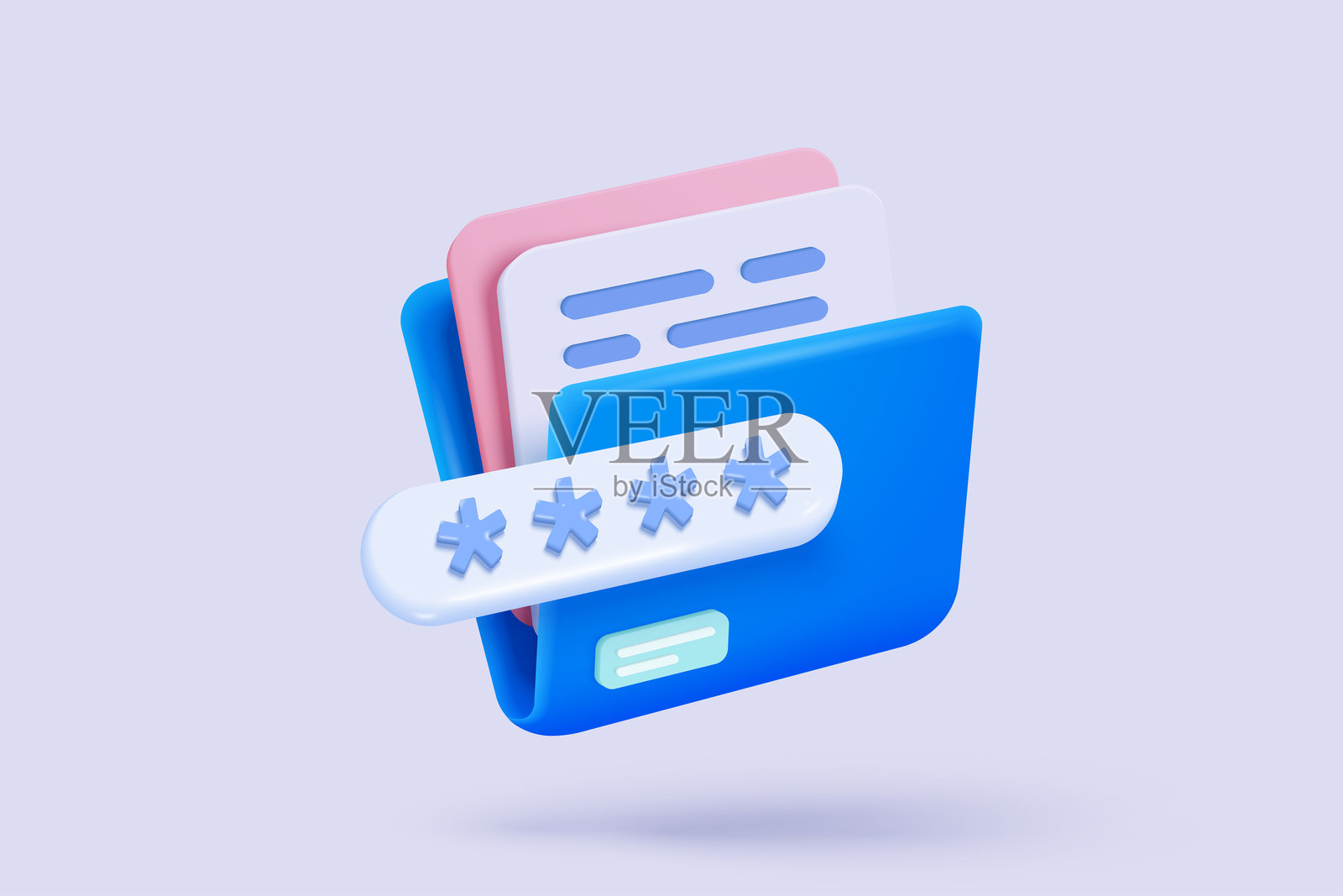 3D文件夹和文件用于管理档案,带有保护盾,项目文档组织。带有秘密文件图标的文档。3D文件夹安全保护图标矢量渲染插图。插画图片素材