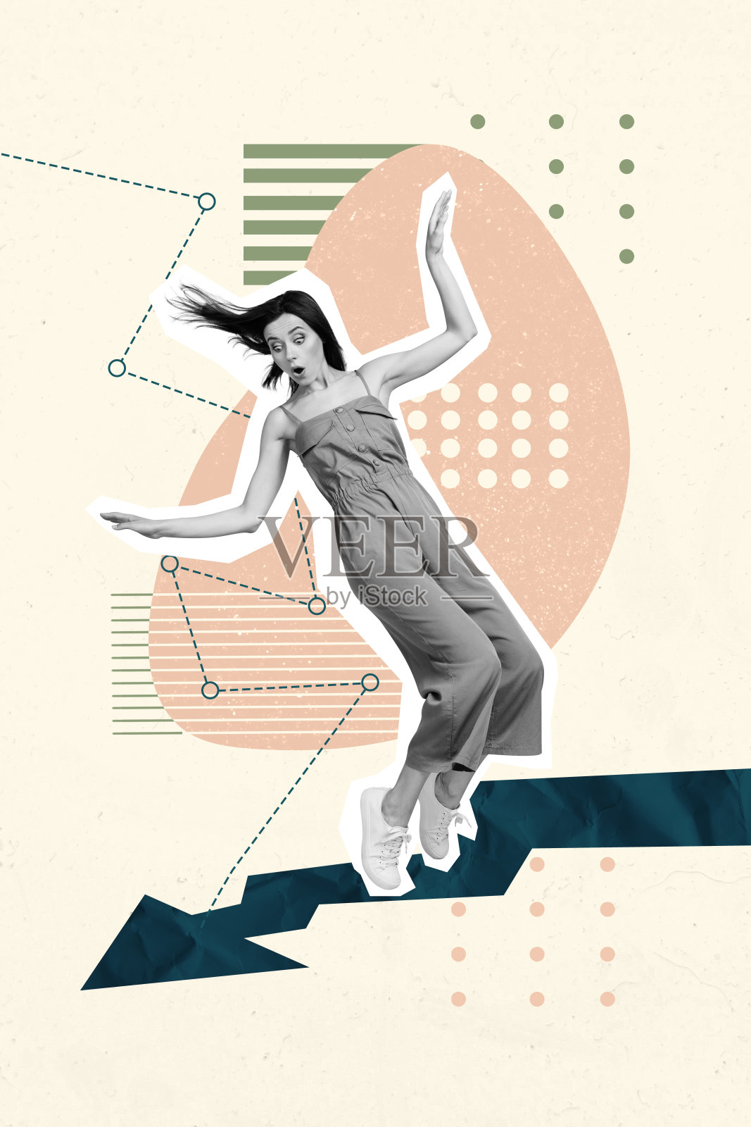 垂直拼贴创意海报,黑白滤镜,震惊、惊讶、沮丧的年轻女性保持平衡,面临崩溃,分析数据。照片摄影图片