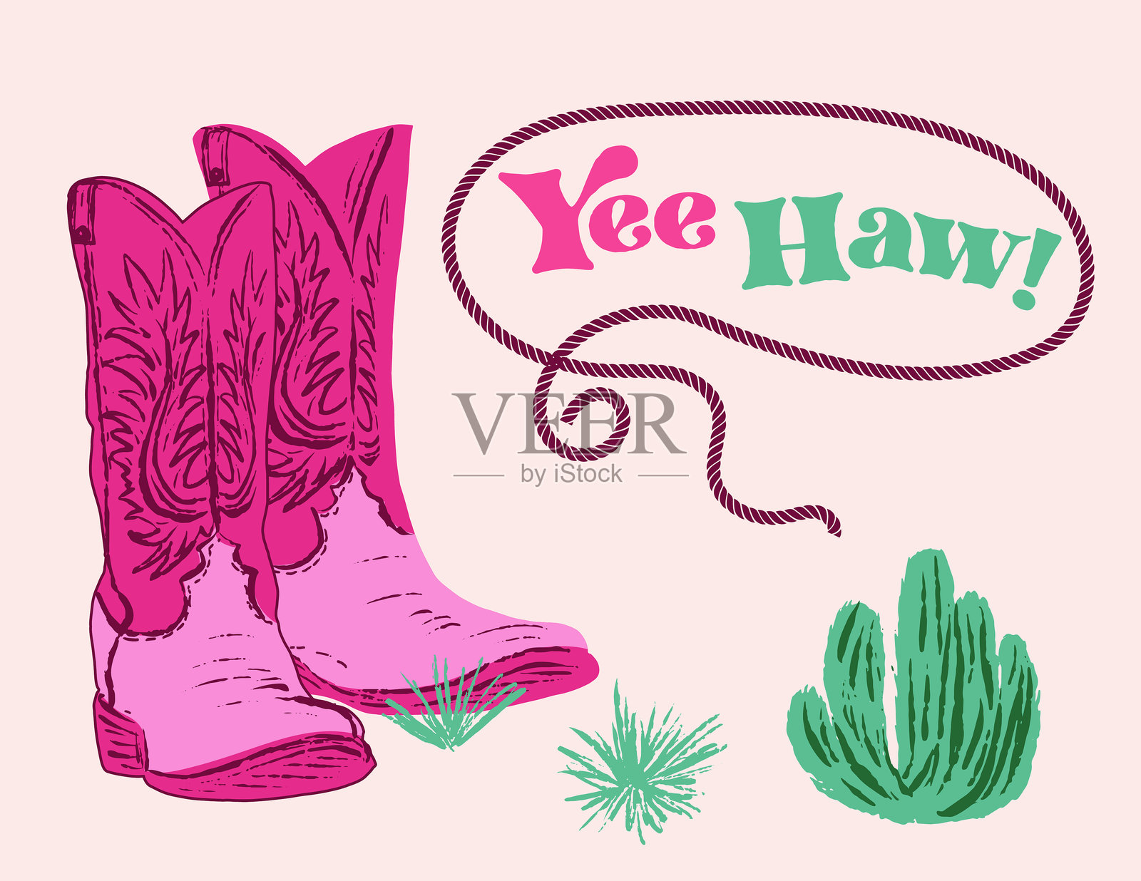 可爱的粉色牛仔靴和仙人掌海报插画图片素材
