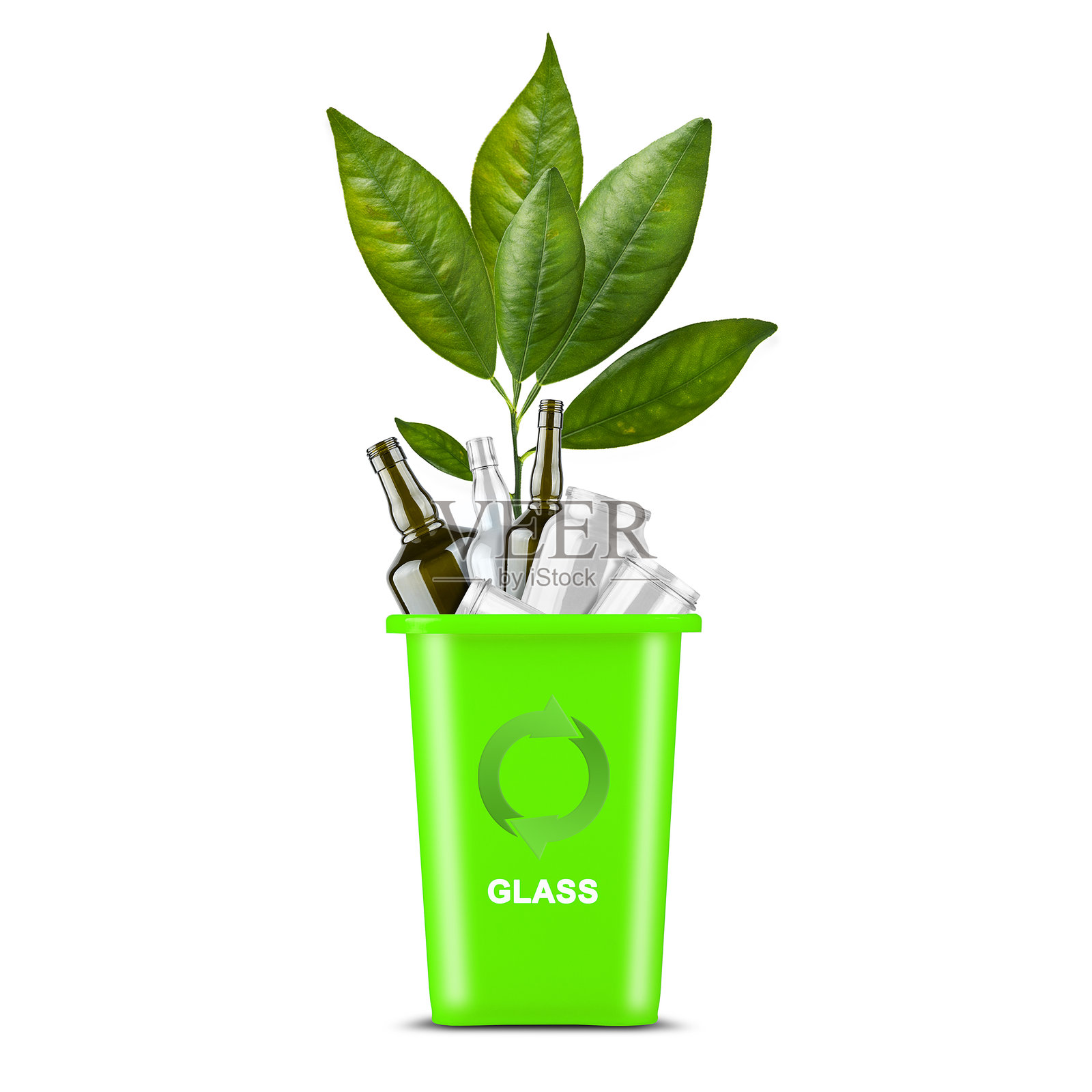 绿色垃圾桶,上面有玻璃回收标志和绿色芽。背景为白色。垃圾分类。生态。垃圾。照片摄影图片
