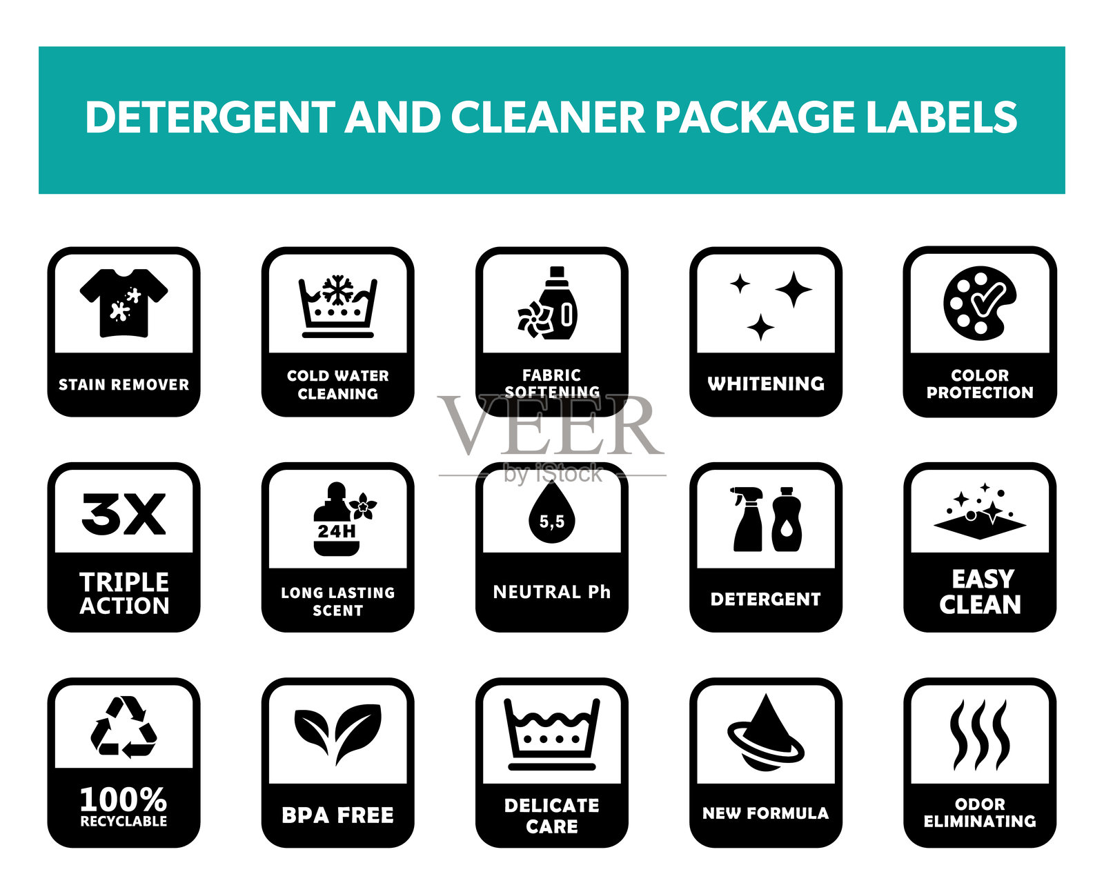 洗涤剂或洗衣粉 - 洗衣产品包装的基本矢量标签。插画图片素材