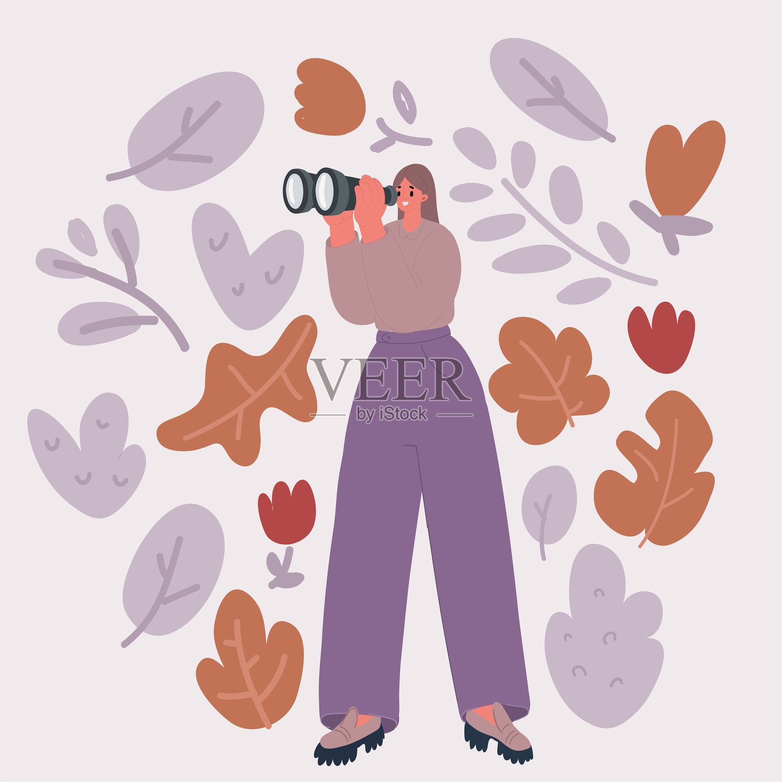 快乐女性手持巨型望远镜,远眺前方的矢量插图。观察、发现和未来概念。插画图片素材