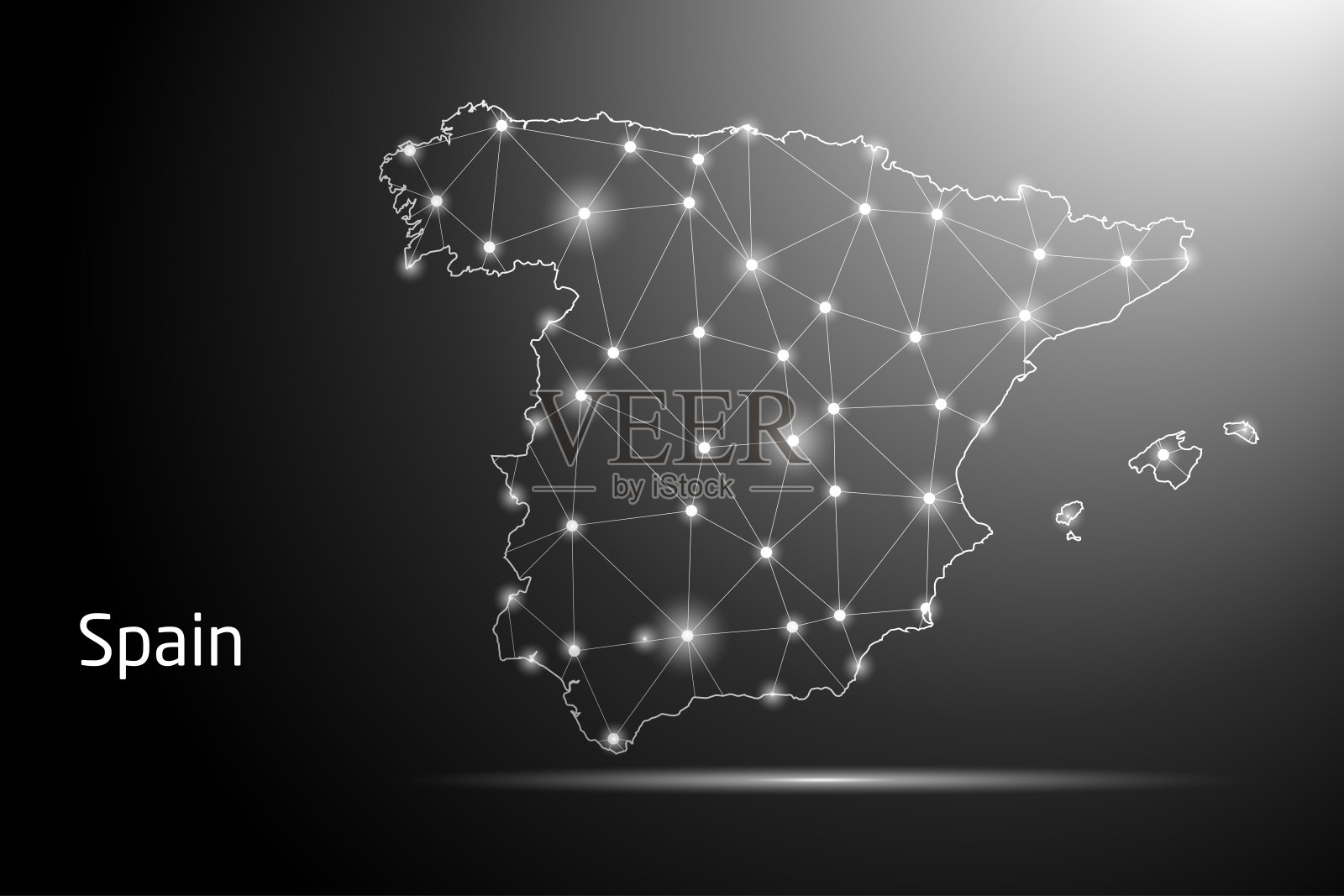 在深色渐变背景上,西班牙地图的抽象混合线和点比例。3D网格多边形网络连接。插画图片素材