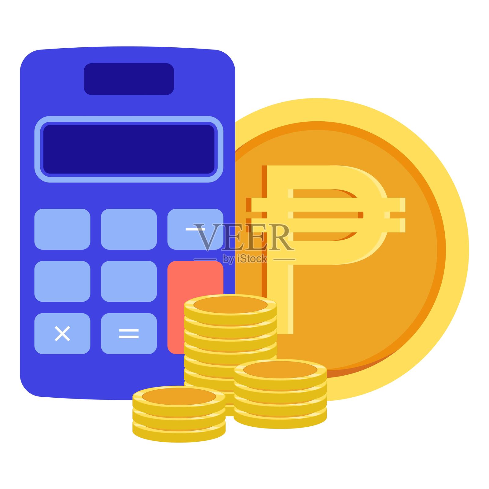 孤立的计算器与一堆金币插画图片素材