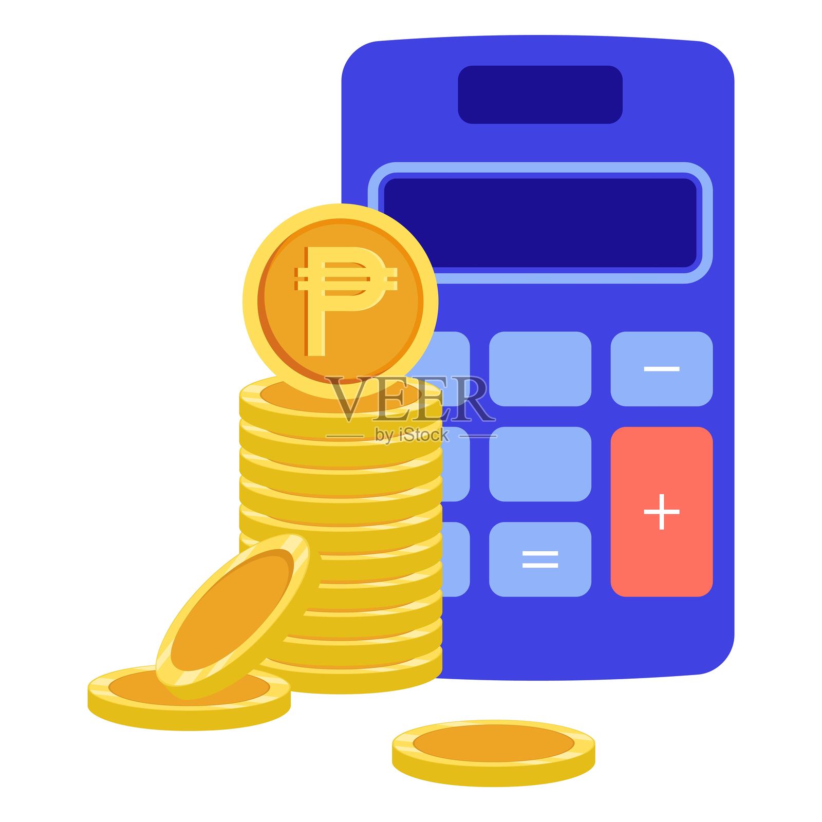 孤立的计算器与一堆金币插画图片素材