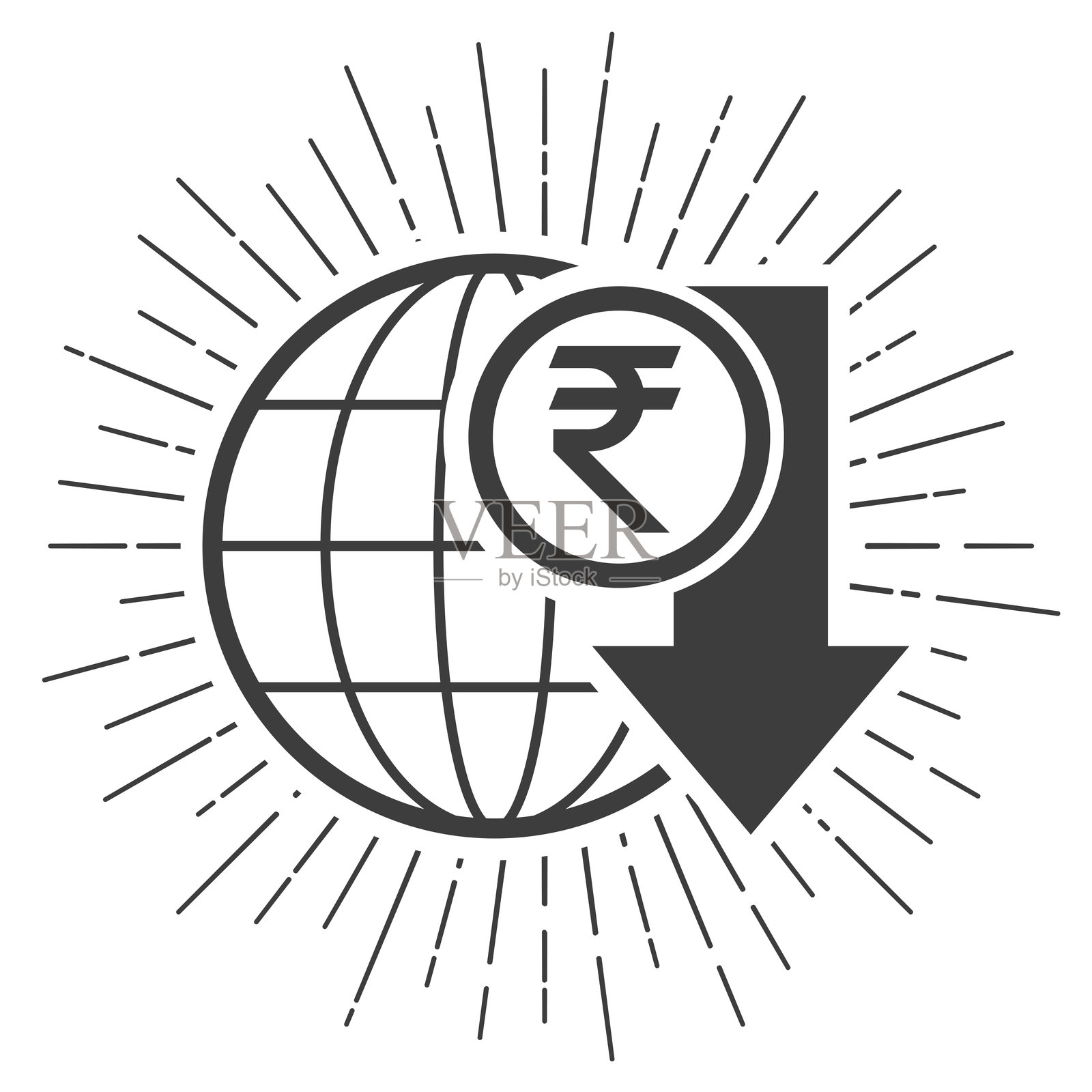 印度卢比汇率下降。白色背景上的太阳光芒图标插画图片素材