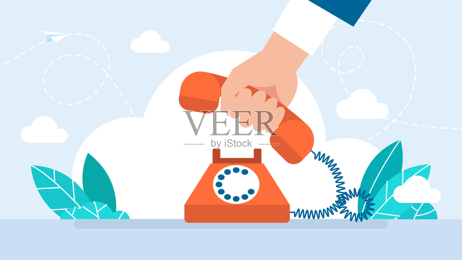 手拿电话拨打电话。拿起电话图标或印刷品。背景为白色。手在白色背景上拿起电话。电话接听概念。扁平插图。插画图片素材