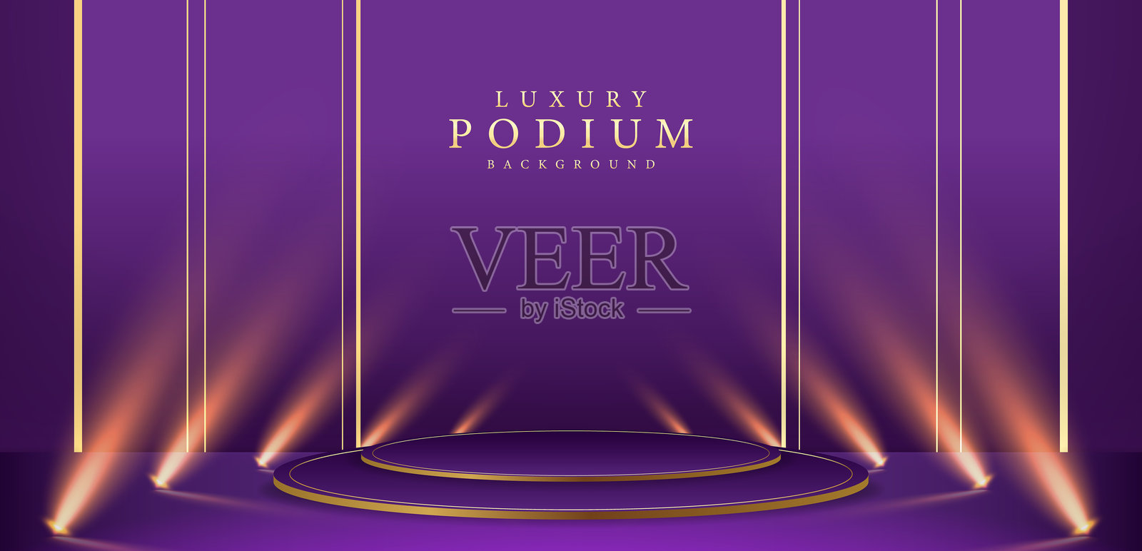 空的黑色和金色讲台,背景为黑色奢华,带有金色线条元素、光线效果装饰和散景。插画图片素材