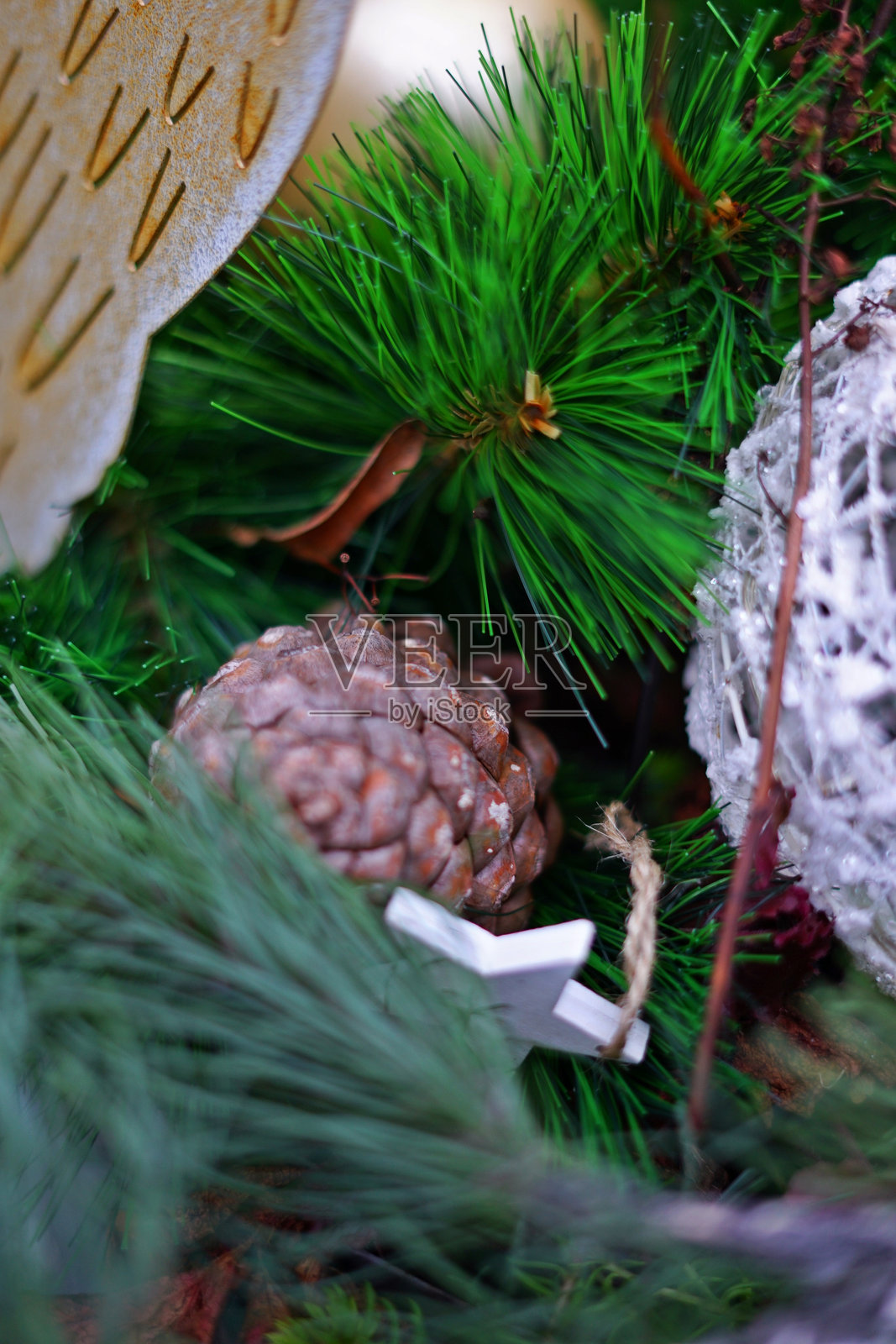 节日装饰中的松果和绿色树枝照片摄影图片