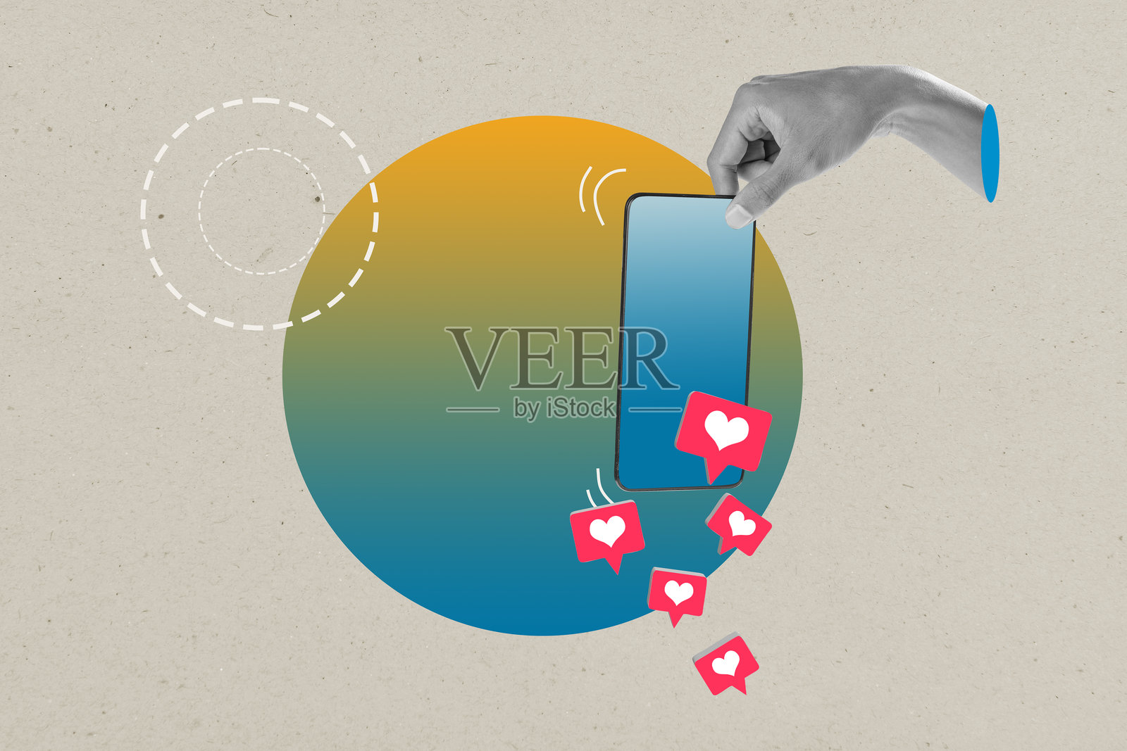 一只手握着手机,背景上飞舞着心形图案照片摄影图片