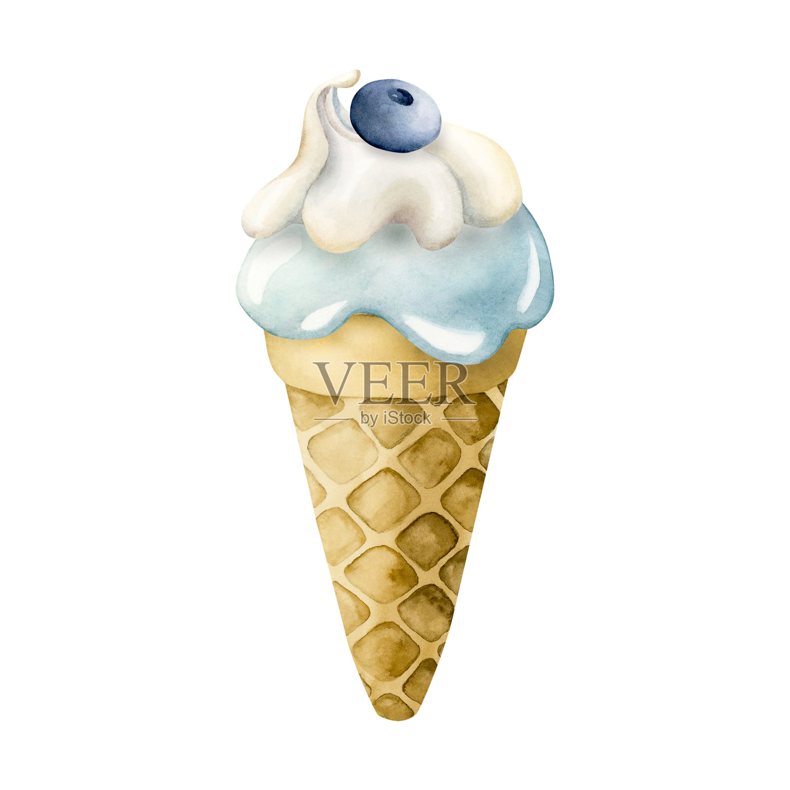 可爱的蓝莓冰淇淋华夫筒。白色背景上的水彩食品插图,适合儿童生日派对。插画图片素材