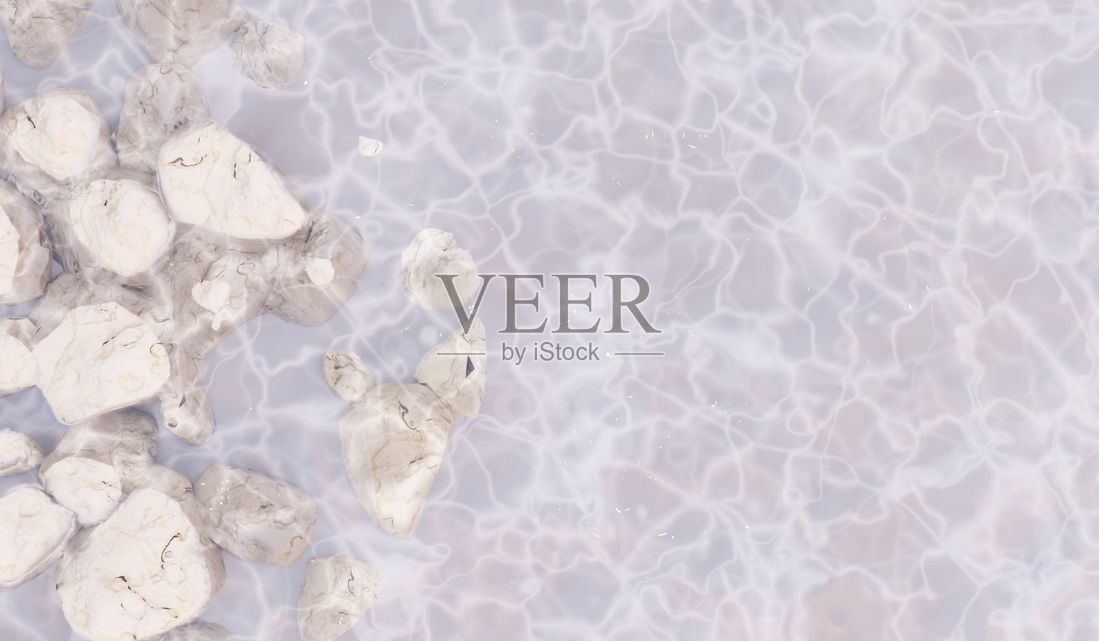 清澈的水面反射阳光和水下岩石,俯视图,3D插图。照片摄影图片