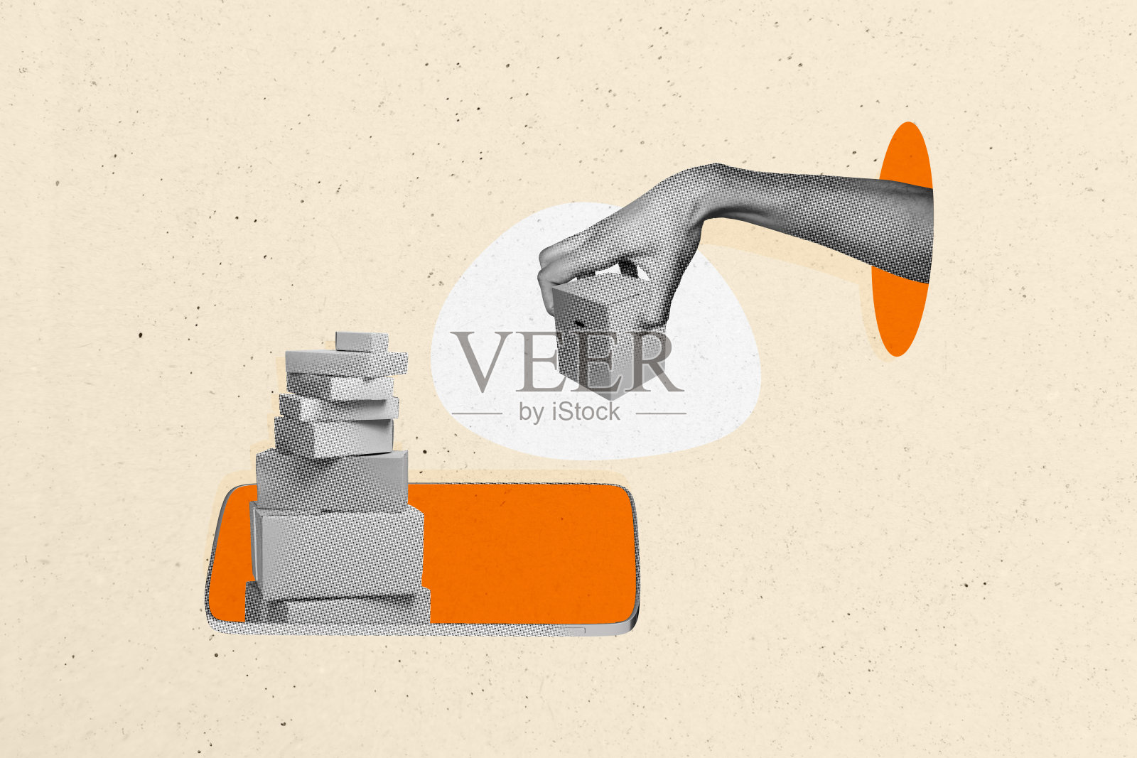 手提纸箱包裹手机订单快递服务的拼贴照片,背景为涂鸦风格。照片摄影图片