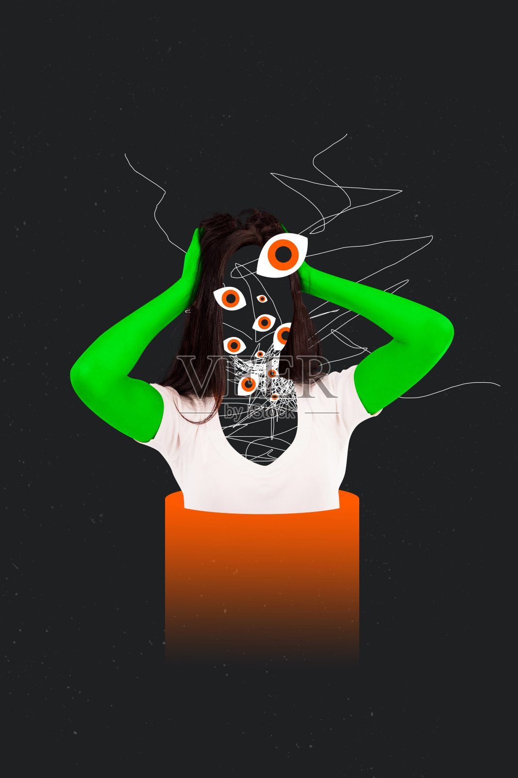 年轻女性头痛的复合3D拼贴艺术模板设计,眼睛像间谍一样搜索控制视线,专注观察,疯狂的绿色皮肤照片摄影图片