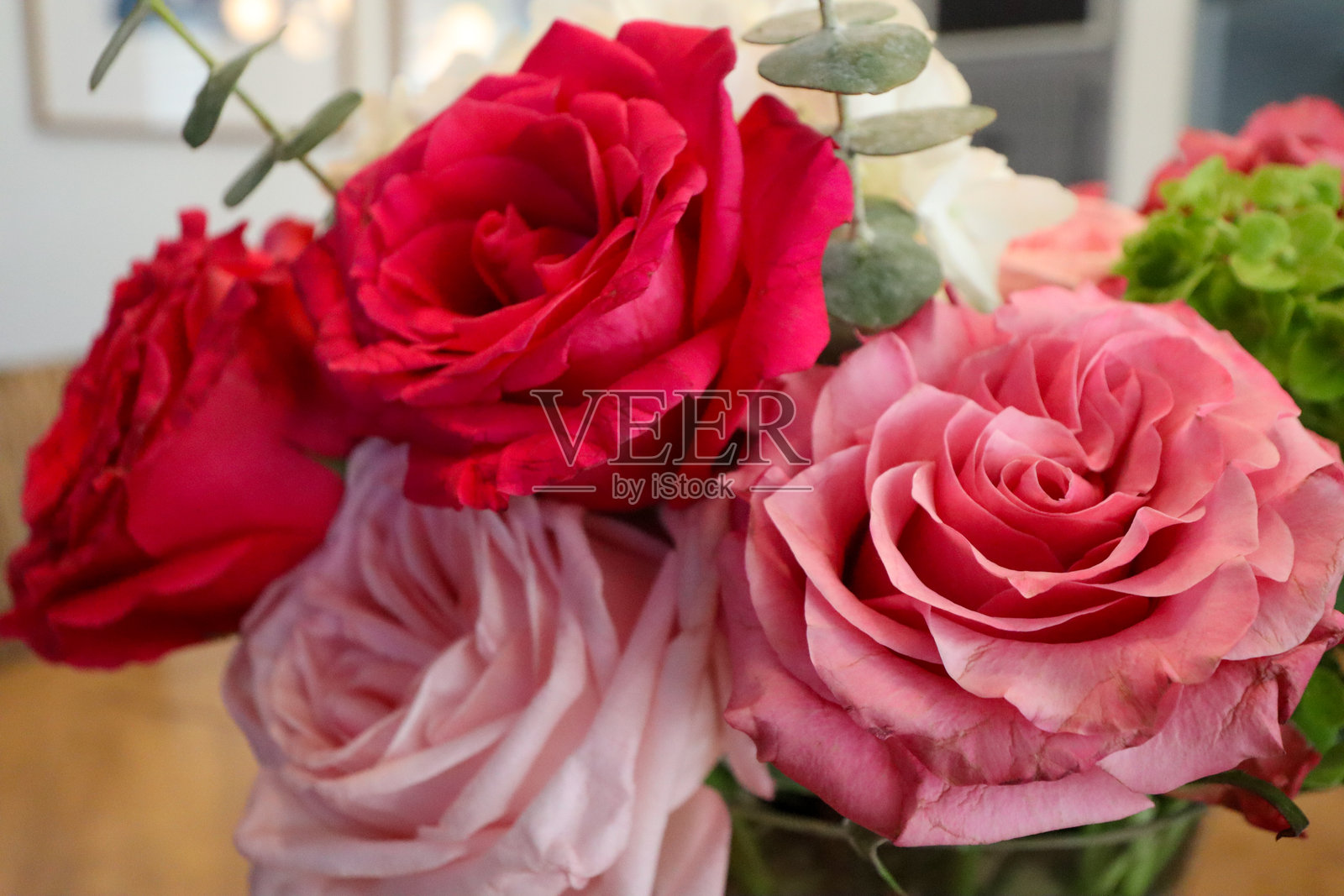 一束生机勃勃的花卉特写,展示了红色和粉色的玫瑰、柔软的花瓣以及桉树叶,营造出优雅浪漫的自然美感。照片摄影图片