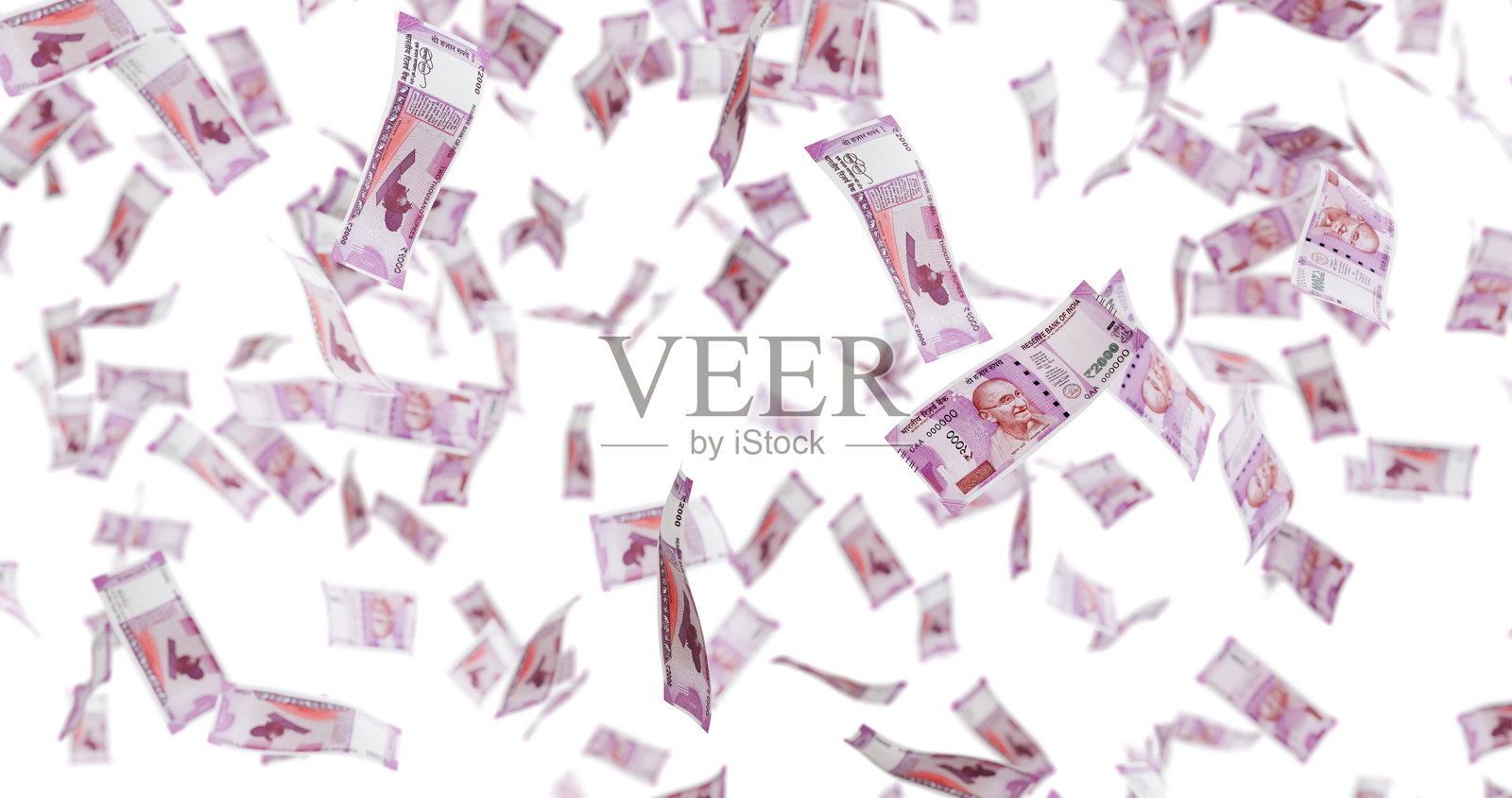 2000卢比纸币的3D插图。钞票从上方掉落。照片摄影图片