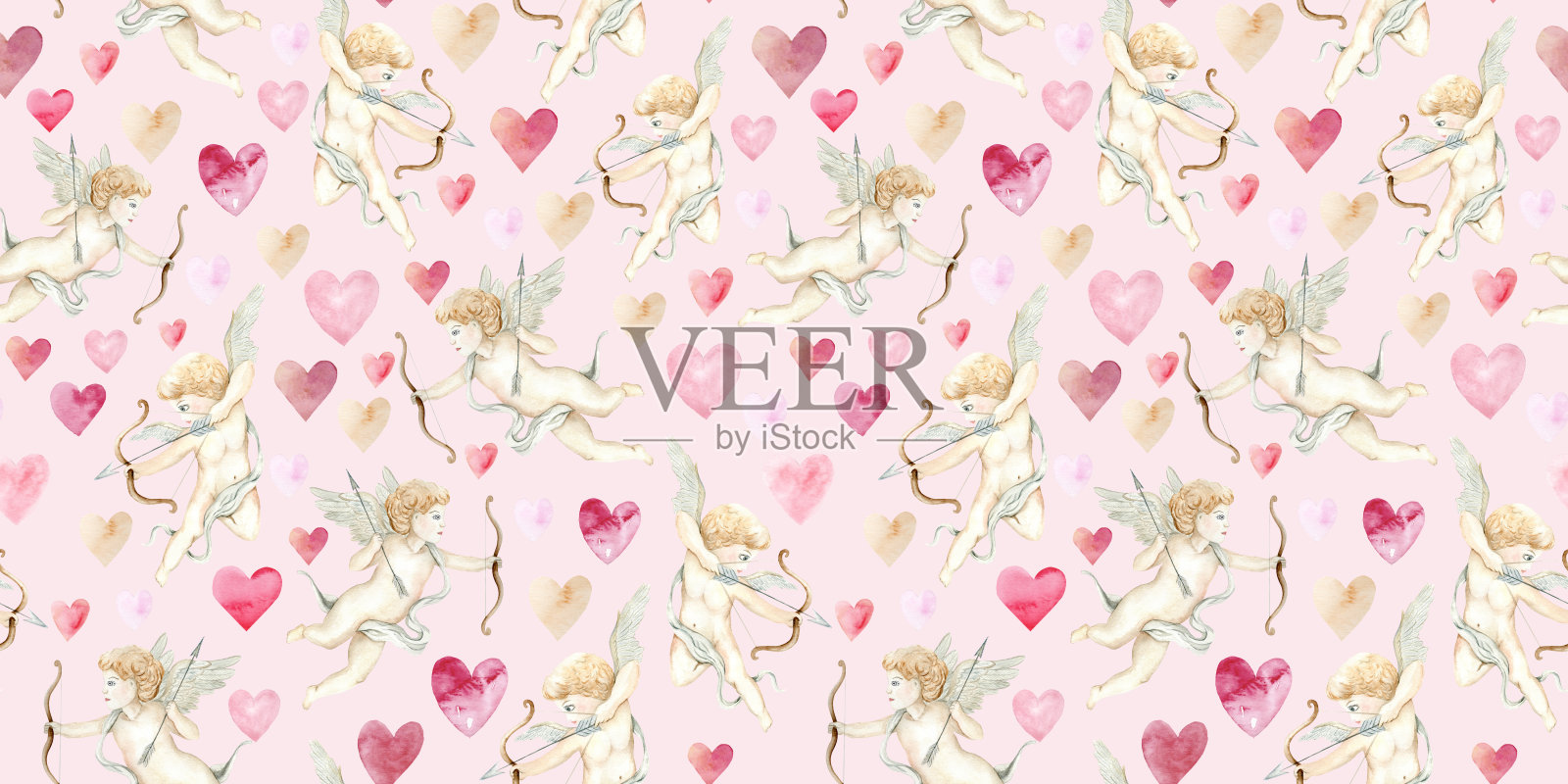 浪漫的无缝水彩图案,描绘了丘比特天使射箭和精致的心形图案,色调柔和。非常适合情人节设计、礼品和贺卡。插画图片素材