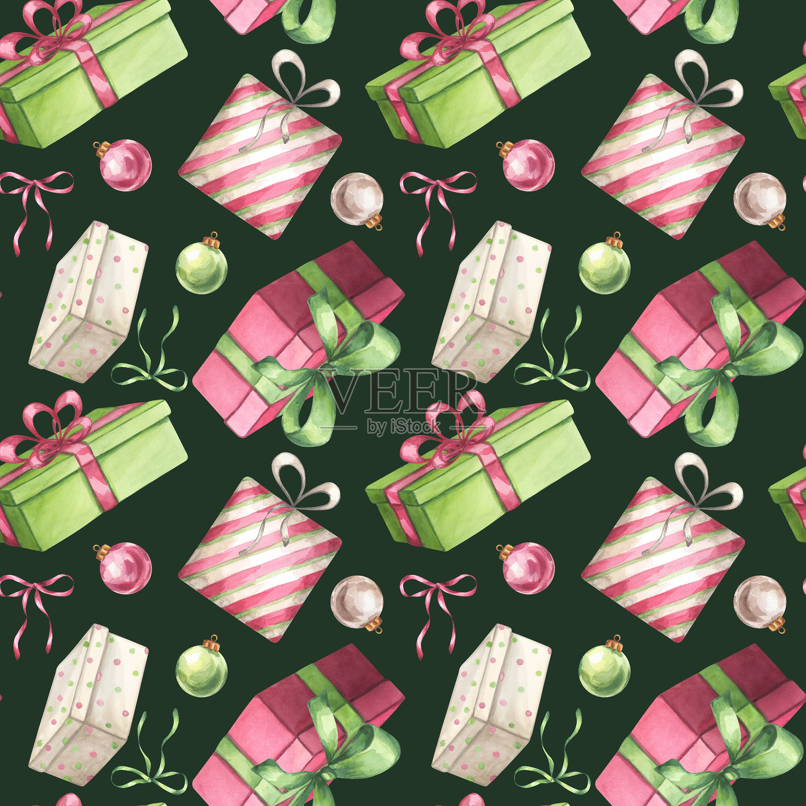 红色和绿色礼品盒无缝图案,配有丝带、蝴蝶结和树球。适合圣诞节、新年和生日派对的礼物。手绘水彩插图背景。用于纺织品、印刷和包装纸。插画图片素材